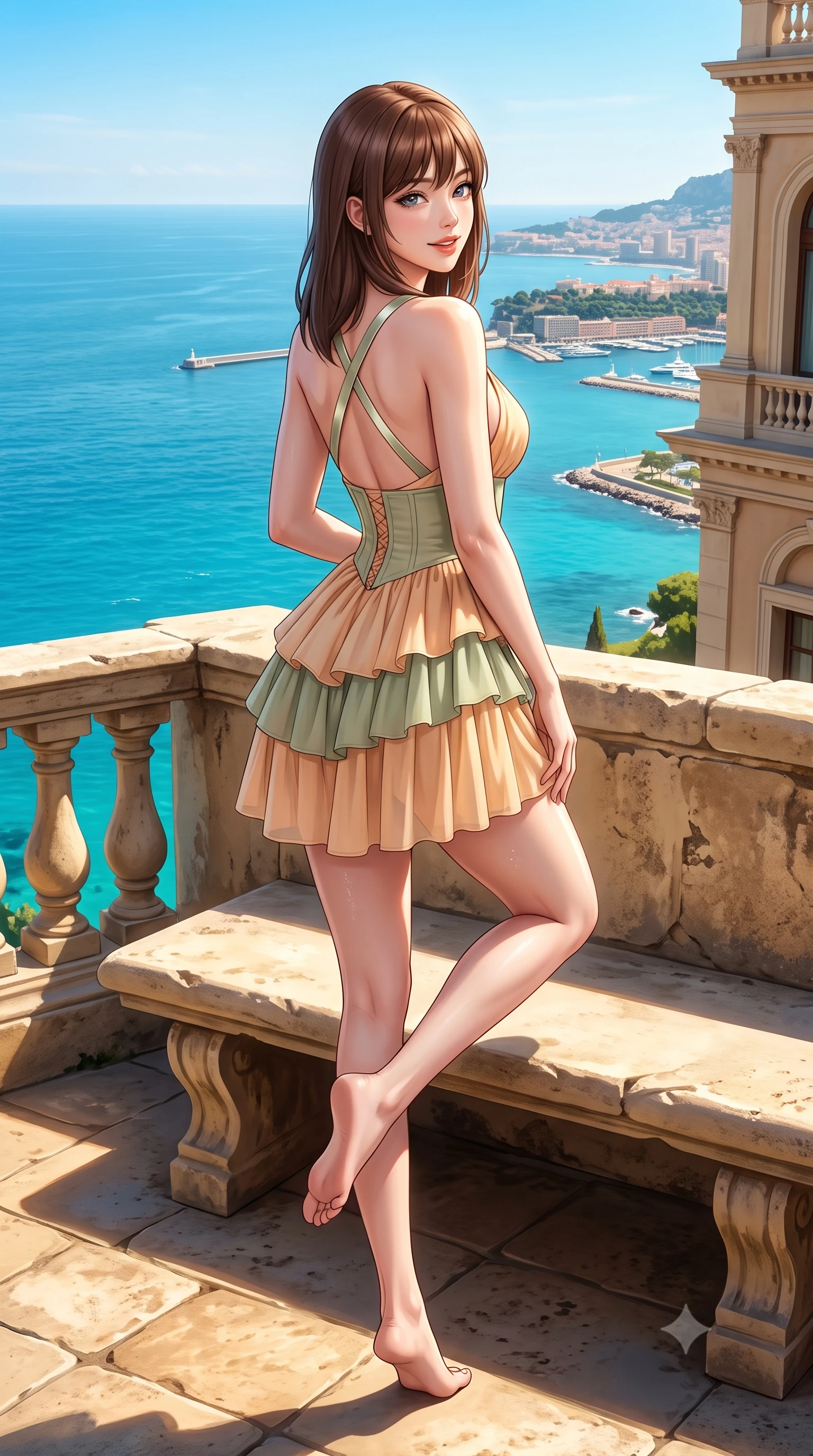 score_9, masterpiece, best quality, ultra-detailed, high-budget anime keyframe, semi-realistic 3D game render, editorial fashion photography, tasteful artistic composition, Korean woman. low angle full-body shot from head to toe showing her feet, filling the entire 9:16 vertical frame with her statuesque presence, stretching her vertical silhouette. posing with back turned slightly to the lens, glancing back with an enchanting, playful smile as she arches her lower back to emphasize her sculpted feminine hips and slender waist while sitting perched on a sunlit stone bench with legs crossed, her flat midriff and feminine hips highlighted against the turquoise Mediterranean abyss. The surrounding environment is rendered in vivid detail and crisp panoramic clarity. detailed resort couture fabric sheen, sea mist specular highlights on skin, and Monaco coastline in high resolution. She has an exceptionally tall and slender model-like 8.5-heads proportion, an ultra-slim waist, a flat toned midriff, narrow delicate ribcage, and beautifully sculpted feminine hips creating a graceful, slim hourglass silhouette without any bulky heaviness, with impossibly long slender legs. sharp v-shaped jawline, high-bridge nose, intricate jewel-like sparkling eyes with depth, thick eyelashes, glossy parted lips with a natural peach sheen, bright cheerful beaming smile with an enchanting and coquettish sensual glint, exuding both youthful cute charm and seductive allure, flawlessly proportioned anatomical accuracy, strict slender model proportions, natural body alignment, perfectly sculpted long slender limbs, ultra-slim waistline, clean dynamic posture without body distortion. wearing a tiered ruffled chiffon mini dress with a fitted corseted waist and open back in soft apricot and sage green, crafted from soft breathable linen with effortless natural drape, finished with criss-cross back satin straps highlighting her graceful shoulder blades, the form-fitting cut adhering flawlessly to her sculpted flat midriff and slender torso, emphasizing her long leg lines and perfectly proportioned willowy build. illuminated by radiant turquoise sea bounce fill sharply carving her razor-sharp jawline, narrow waist, and curvy hips. highly saturated vibrant anime colors, detailed shading with soft gradients, rich glossy textures, high-contrast stereoscopic depth, volumetric dynamic lighting, master piece, 9:16 ratio
