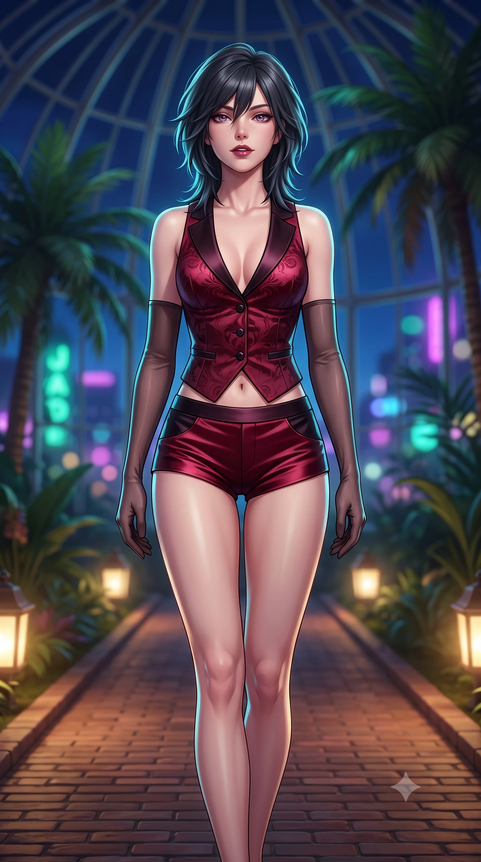 score_9, masterpiece, best quality, ultra-detailed, high-budget anime keyframe, semi-realistic 3D game render, editorial fashion photography, tasteful artistic composition, Caucasian woman. close-up cowboy shot from the waist and thighs up, the character dominates the composition, filling the frame with her large presence. tilting her chin up slightly with lips parted in a composed, sovereign expression, her body curving in an alluring S-line that accentuates her hip contour while walking slowly down the glasshouse brick path with sovereign supermodel grace, her long slender legs and hourglass curves commanding the frame. The composition keeps background elements in soft focus with dreamy creamy bokeh. soaring Victorian glass conservatory ribs and towering tropical palms backlit by midnight neon blurred into deep jade, violet, and sapphire bokeh. She has an exceptionally elegant, slender, and willowy female figure with an ultra-slim waist, flat toned midriff, narrow ribcage, and sculpted feminine hips creating an alluring, slim hourglass silhouette without bulk. sharp v-shaped jawline, high-bridge nose, intricate jewel-like dark sparkling eyes with dangerous depth, thick curled eyelashes, glossy parted lips with a rich wine sheen, smoldering seductive half-smile with bedroom-eyes, exuding effortless superiority and intoxicating dark allure, flawlessly proportioned anatomical accuracy, strict slender model proportions, natural body alignment, perfectly sculpted long slender limbs, ultra-slim waistline, clean dynamic posture without body distortion. wearing a tailored satin tuxedo vest worn closed against bare skin with high-cut tailored satin hot-pants in ruby crimson and muted shadow black, tailored from rich silk jacquard with subtle embossed baroque patterns, complemented by sheer dark opera gloves reaching past her elbows, the form-contouring cut accentuating her sculpted flat midriff, narrow delicate ribcage, and gracefully curvy hips with sovereign high-fashion precision. illuminated by soft warm pathway lantern fill and sharp cyan rim light defining her sculpted clavicle, narrow waist, and curvy hips. highly saturated vibrant anime colors, detailed shading with soft gradients, rich glossy textures, high-contrast stereoscopic depth, volumetric dynamic lighting, master piece, 9:16 ratio