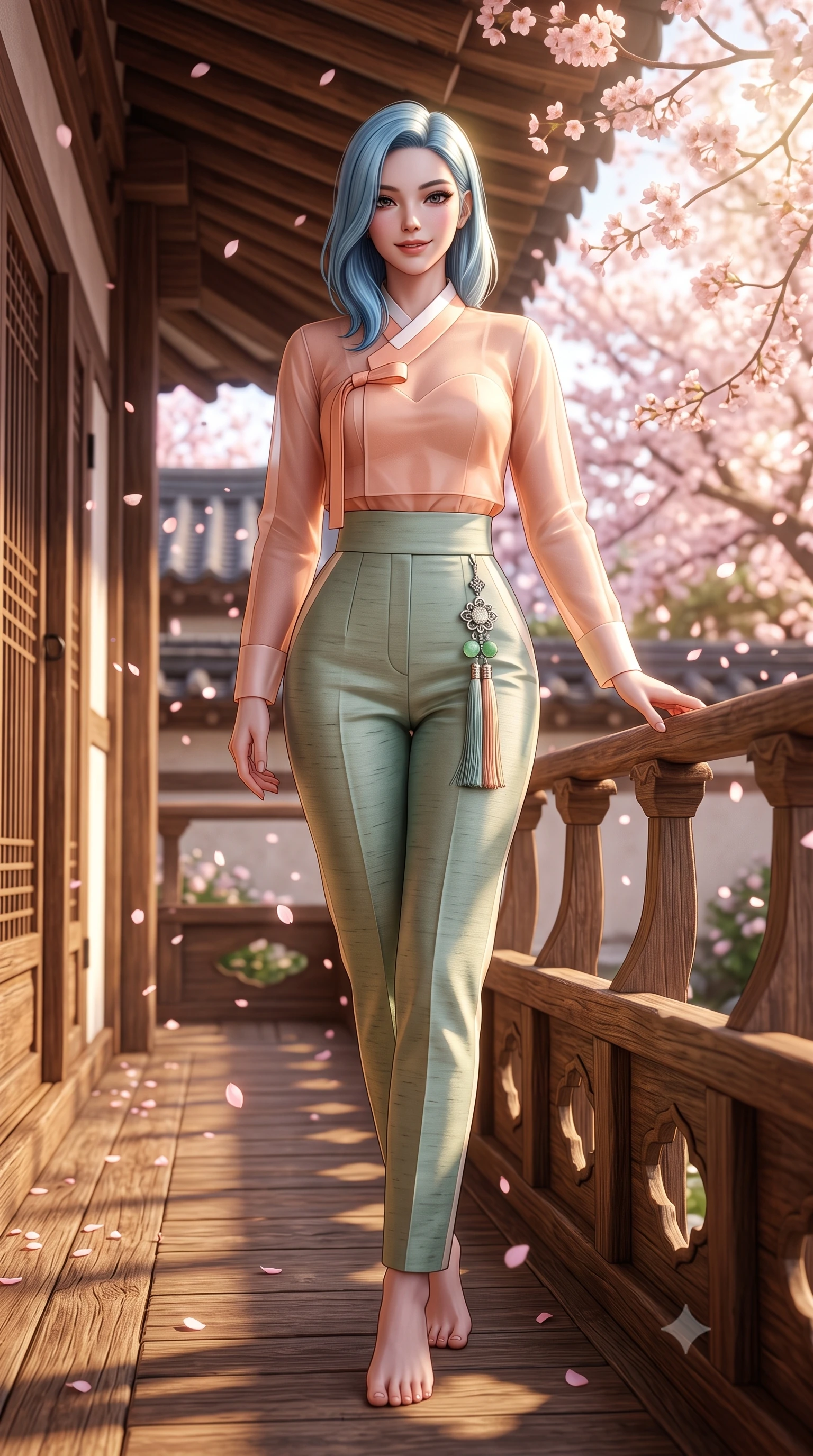 score_9, masterpiece, best quality, ultra-detailed, high-budget anime keyframe, semi-realistic 3D game render, editorial fashion photography, tasteful artistic composition, Korean woman. low angle full-body shot from head to toe showing her feet, filling the entire 9:16 vertical frame with her statuesque presence, stretching her vertical silhouette. standing in a tall, confident posture with one hand on the carved palace railing, stretching her statuesque body as she arches her lower back to emphasize her sculpted feminine hips and slender waist while sitting perched on the wooden veranda of a historic Yanaka machiya house, arching her lower back with a radiant, teasing smile as sakura petals flutter. The surrounding environment is rendered in vivid detail and crisp panoramic clarity: detailed silk kimono weave, spring sunburst highlights on hair, and traditional Yanaka architecture in razor-sharp precision. She has an absolutely perfect, statuesque 8.5-heads proportion, an exceptionally tall and slender model-like female figure with impossibly long slender legs, an ultra-slim waist, a flat toned midriff, narrow delicate ribcage, and beautifully sculpted feminine hips creating a graceful, slim hourglass silhouette without any bulky heaviness. sharp v-shaped jawline, high-bridge nose, intricate jewel-like dark sparkling almond eyes with depth, thick lashes, glossy parted lips with a natural rose-plum sheen, bright alluring and coquettish smile with bedroom-eyes, exuding both timeless oriental elegance and sovereign high-fashion allure, flawlessly proportioned anatomical accuracy, strict slender model proportions, natural body alignment, perfectly sculpted long slender limbs, ultra-slim waistline, clean dynamic posture without body distortion. wearing a sheer technical mesh and silk hanbok blouse worn over a sculpted sweetheart bustier with high-waisted tailored silk trousers in warm peach apricot and soft vanilla silk, tailored from smooth celadon raw silk with natural organic slub texture, finished with an ornate modern norigae tassel with polished jade and chrome charms resting on her curvy hips, the form-contouring cut accentuating her sculpted flat midriff, narrow delicate ribcage, and gracefully curvy hips with regal oriental supermodel elegance. bathed in warm, soft spring afternoon sunlight filtering through pink blossom branches. highly saturated vibrant anime colors, detailed shading with soft gradients, rich glossy textures, high-contrast stereoscopic depth, volumetric dynamic lighting, master piece, 9:16 ratio