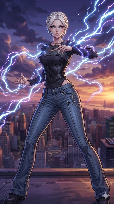 score_9, masterpiece, best quality, ultra-detailed, high-budget anime movie keyframe, cinematic anime lighting, intricate line art, Caucasian (strictly human ears) woman. Low angle cowboy shot capturing a powerful motion and statuesque presence. summ
