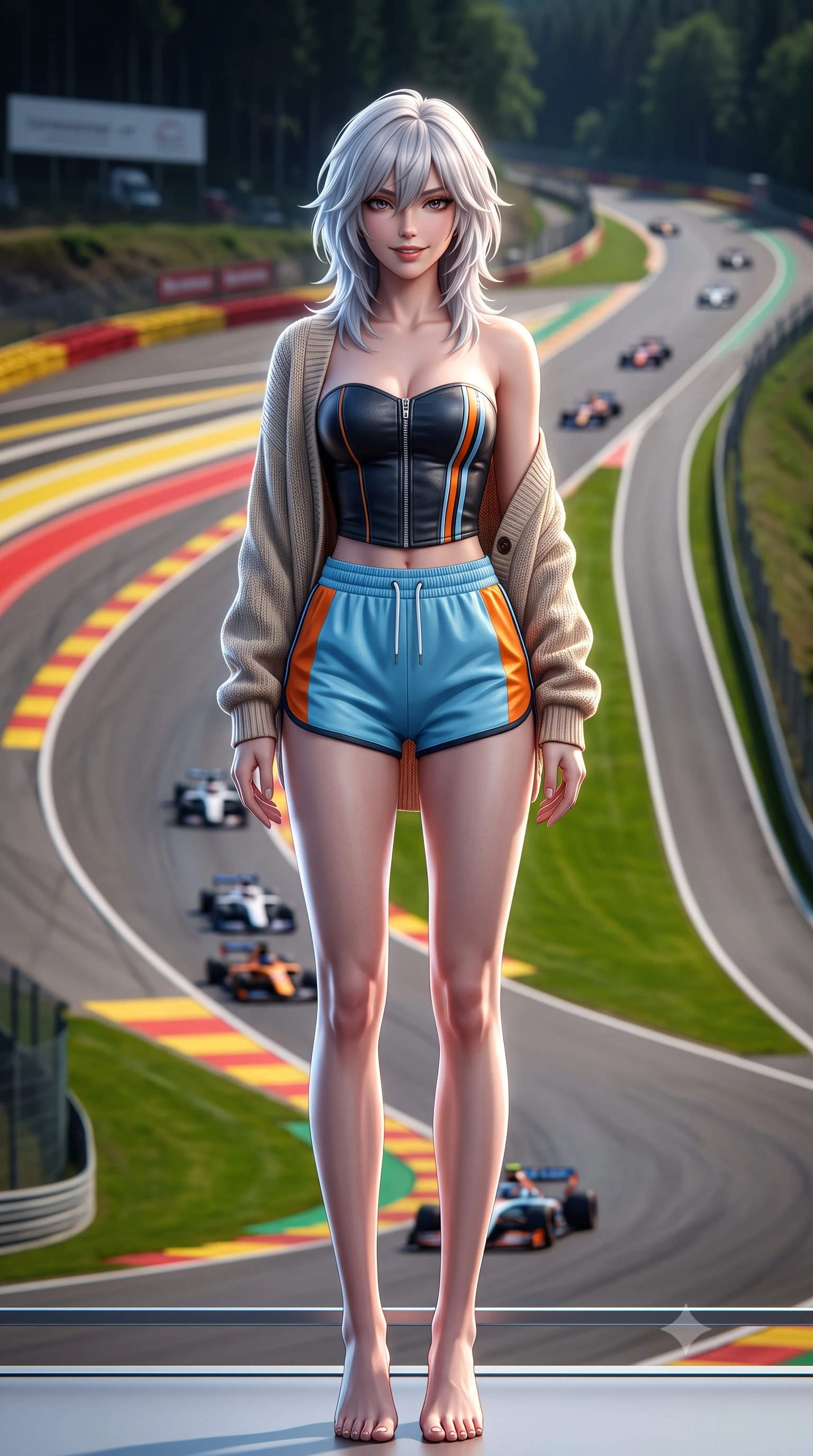score_9, masterpiece, best quality, ultra-detailed, high-budget anime keyframe, semi-realistic 3D game render, editorial fashion photography, tasteful artistic composition, Japanese woman. low angle full-body shot from head to toe showing her feet, filling the entire 9:16 vertical frame with her statuesque presence, stretching her vertical silhouette. sitting perched on the elevated umpire chair with legs crossed and hips angled toward the camera, displaying her toned midriff and long slender limbs with joyful, coquettish charm while standing poised on the high viewing deck above the terrifying uphill sweep of Eau Rouge, arching her back with fearless supermodel poise. The background shows a soft-focus distant racing trailers and race cars disappearing up Raidillon softened in legendary European racing shallow focus. She has an absolutely perfect, statuesque 8.5-heads proportion, an exceptionally tall and slender model-like female figure with impossibly long slender legs, an ultra-slim waist, a flat toned midriff, narrow delicate ribcage, and beautifully sculpted feminine hips creating a graceful, slim hourglass silhouette without any bulky heaviness. sharp v-shaped jawline, high-bridge nose, sparkling eyes with athletic focus and depth, thick curled eyelashes, glossy parted lips with a natural coral-peach sheen, bright confident and coquettish smile with alluring bedroom-eyes, exuding both youthful sporty vigor and sovereign high-society glamour, flawlessly proportioned anatomical accuracy, strict slender model proportions, natural body alignment, perfectly sculpted long slender limbs, ultra-slim waistline, clean dynamic posture without body distortion. wearing a strapless structured leather corset top with racing stripe accents paired with high-waisted track shorts in vintage Porsche Gulf blue and vibrant race orange, tailored from ultra-soft fine cashmere yarn with an airy athletic drape, complemented by an oversized cashmere knit cardigan slipping off one bare shoulder, the form-fitting tailored bodice adhering flawlessly to her sculpted flat midriff and slender torso, emphasizing her long leg lines and perfectly proportioned willowy build. illuminated by track reflections and sharp crystalline rim lights carving her razor-sharp jawline, narrow waist, and curvy hips. highly saturated vibrant anime colors, detailed shading with soft gradients, rich glossy textures, high-contrast stereoscopic depth, volumetric dynamic lighting, master piece, 9:16 ratio