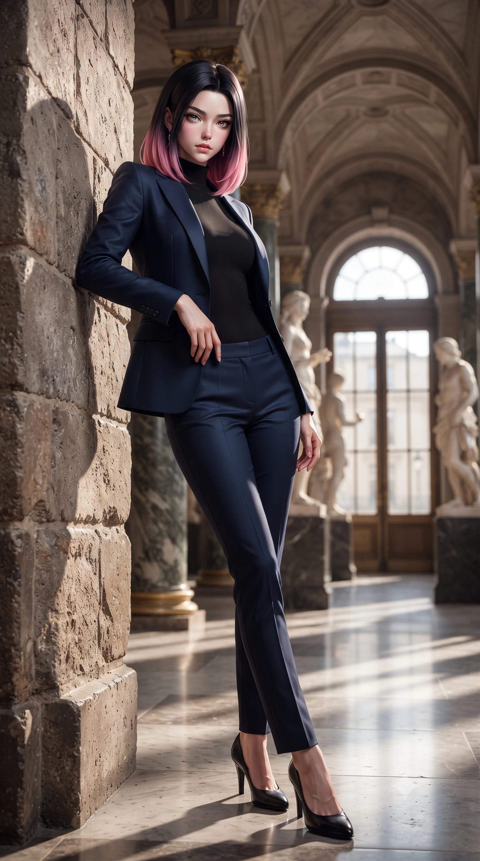 score_9, masterpiece, best quality, ultra-detailed, high-budget anime keyframe, editorial fashion photography, tasteful artistic composition, Korean woman. low angle full-body shot from head to toe showing her feet, filling the entire 9:16 vertical frame with her statuesque presence, stretching her vertical silhouette. leaning back against a rustic stone wall, casting a slow, alluring gaze at the camera the background shows a soft-focus the entrance lobby of a historic theater with marble statues and archways. She has an absolutely perfect, statuesque 8.5-heads proportion, an exceptionally tall and slender model-like female figure with impossibly long slender legs and an ultra-slim waist. sharp v-shaped jawline, high-bridge nose, intricate jewel-like eyes with depth, thick eyelashes, glossy lips with a natural sheen. wearing a form-contouring sleek tailored blazer in navy blue worn closed over a tight-fitting black bodysuit. crisp morning sunlight filtering through high glass doors, casting elegant shadows. ultra-reflective glossy finish, specular highlights, metallic sheen, high-contrast stereoscopic depth, volumetric dynamic lighting, 2k, ultra detail, master piece, 9:16 ratio