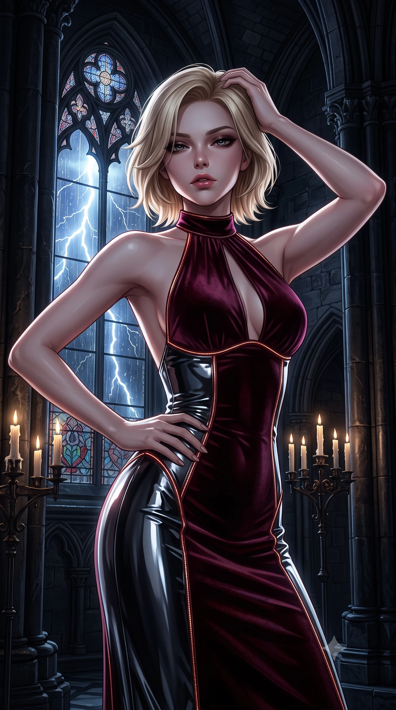 score_9, masterpiece, best quality, ultra-detailed, high-budget anime keyframe, semi-realistic 3D game render, editorial fashion photography, tasteful artistic composition, Caucasian woman. close-up cowboy shot from the waist and thighs up, the character dominates the composition, filling the frame with her large presence. casting a slow, smoldering bedroom gaze beneath heavy lashes with parted glossy lips, her head slightly tilted in provocative self-assurance while standing poised between towering obsidian pillars inside a dark Gothic cathedral as lightning illuminates rain-streaked stained glass. The surrounding environment is rendered in vivid detail and crisp panoramic clarity. sharp gothic window tracery, flickering candle wax textures, and dark stone arches rendered in high resolution. She has an exceptionally elegant, slender, and willowy female figure with an ultra-slim waist, a gracefully sculpted slender torso, toned flat midriff, and a refined slim silhouette. sharp v-shaped jawline, high-bridge nose, intricate jewel-like eyes with depth, thick eyelashes, glossy lips with a natural sheen, flawlessly proportioned anatomical accuracy, strict slender model proportions, natural body alignment, perfectly sculpted long slender limbs, ultra-slim waistline, clean dynamic posture without body distortion. wearing a velvet halter-neck midi dress fitting her statuesque contour flawlessly with a Tasteful chest slit and open spine in deep burgundy wine and specular dark chrome, formed from high-gloss patent material with specular chiaroscuro reflections, accented with glowing fiber-optic seams tracing her collarbones and hip curves in the gloom, the sleek second-skin cut tightly hugging her graceful clavicle, narrow waist, and feminine curves with athletic precision. illuminated by deep shadow chiaroscuro with sharp specular rim lights outlining her slender curves. rich saturated anime colors with deep moody shadows, detailed chiaroscuro shading with soft gradients, rich glossy textures, high-contrast stereoscopic depth, volumetric dynamic shadow lighting, master piece, 9:16 ratio