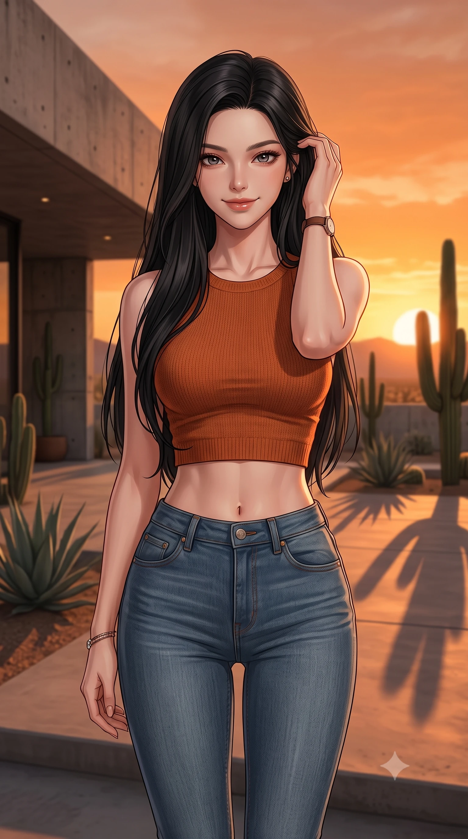 score_9, masterpiece, best quality, ultra-detailed, high-budget anime keyframe, editorial fashion photography, tasteful artistic composition, Korean woman woman. close-up cowboy shot from the waist and thighs up, the character dominates the composition, filling the frame with her large presence, background elements kept in soft focus. smiling with quiet, magnetic self-assurance directly into the camera, running a hand through her hair the background shows a soft-focus a patio of a modern concrete villa in the desert, with minimalist cacti landscaping. She has an exceptionally elegant, slender, and willowy female figure with an ultra-slim waist, a gracefully sculpted slender torso, and a refined silhouette. sharp v-shaped jawline, high-bridge nose, intricate jewel-like eyes with depth, thick eyelashes, glossy lips with a natural sheen. wearing a slim-fit body-hugging knit crop top in rust orange paired with high-waisted skinny jeans. the dramatic orange glow of a desert sunset casting long shadows of the cacti. 2k, ultra detail, master piece, 9:16 ratio
