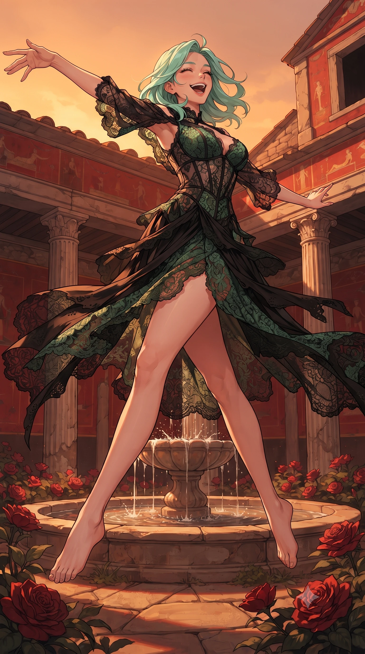 score_9, masterpiece, best quality, ultra-detailed, high-budget anime keyframe, editorial fashion photography, tasteful artistic composition, gorgeous anime illustration, with clean line-art, distinct ink outlines, and high-contrast stereoscopic depth, Japanese woman. low angle full-body shot from head to toe showing her feet, filling the entire 9:16 vertical frame with her statuesque presence, stretching her vertical silhouette. leaping gracefully with a bright, joyful laugh through inside a preserved Roman villa courtyard with red frescoed walls and columns, with rare volcanic ash roses blooming around a stone fountain. She has a statuesque 8.5-heads proportion, an exceptionally tall, slender and willowy model-like build with impossibly long legs and a highly sculpted ultra-slim waist. sharp v-shaped jawline, high-bridge nose, intricate jewel-like eyes with depth, thick eyelashes, glossy lips with a natural sheen. wearing a deconstructed lace gown in black, detailed with forest green lace panels and corset structure. warm low-angle sunset casting a deep orange and amber glow, highlighting the rich red walls and casting long dramatic shadows. 2k, ultra detail, master piece, 9:16 ratio, highly saturated vibrant anime colors, detailed cel-shading with soft gradients, rich glossy textures, deep contrast, volumetric dynamic lighting, 2d animation style