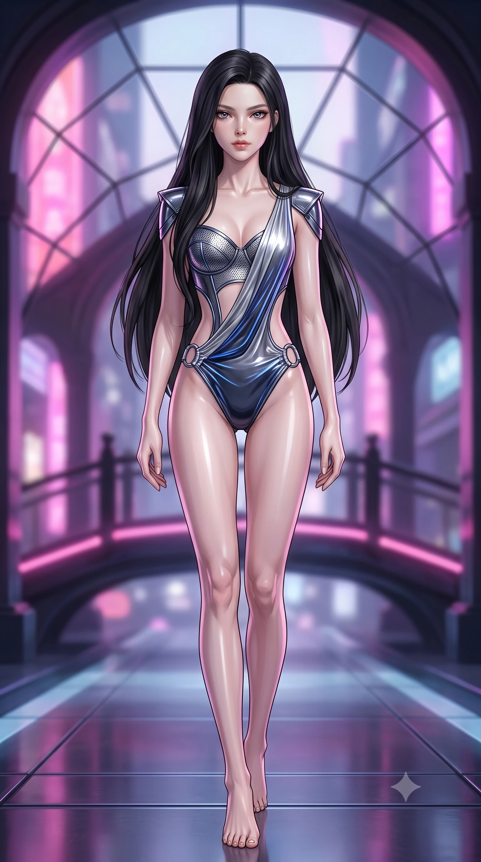 score_9, masterpiece, best quality, ultra-detailed, high-budget anime keyframe, editorial fashion photography, tasteful artistic composition, Korean woman. low angle full-body shot from head to toe showing her feet, filling the entire 9:16 vertical frame with her statuesque presence, stretching her vertical silhouette. striding forward with commanding supermodel grace, her 8.5-heads statuesque silhouette dominating the vertical frame from head to toe while stretching her slender torso in an alluring back-arch as pink and violet neon light streams through geometric glass panes. The composition keeps background elements in soft focus with creamy bokeh. traditional futuristic lacquered arches and neon bridges softened by shallow cinematic depth of field. She has an absolutely perfect, statuesque 8.5-heads proportion, an exceptionally tall and slender model-like female figure with impossibly long slender legs, a toned flat midriff, and an ultra-slim waist. sharp v-shaped jawline, high-bridge nose, intricate jewel-like eyes with depth, thick eyelashes, glossy lips with a natural sheen, flawlessly proportioned anatomical accuracy, strict slender model proportions, natural body alignment, perfectly sculpted long slender limbs, ultra-slim waistline, clean dynamic posture without body distortion. wearing a structured titanium-mesh bustier with geometric shoulder pauldrons and an ultra-slender liquid jersey drape in liquid platinum silver and deep sapphire blue LED filaments, tailored from semi-translucent cybernetic vinyl with glowing micro-filaments, detailed with polished silver rings connecting the daring side-waist cutouts, the sleek second-skin cut tightly hugging her graceful clavicle, narrow waist, and feminine curves with athletic precision. illuminated by crisp white key light and sharp specular highlights tracing her sculpted silhouette. ultra-reflective glossy finish, specular highlights, dark metallic sheen, high-contrast stereoscopic depth, volumetric dynamic lighting, 2k, ultra detail, master piece, 9:16 ratio