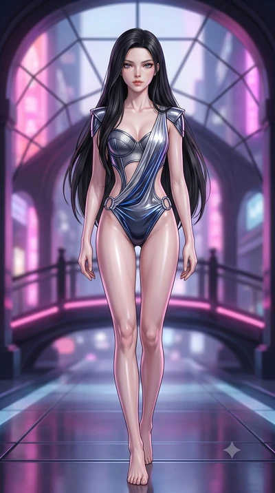 score_9, masterpiece, best quality, ultra-detailed, high-budget anime keyframe, editorial fashion photography, tasteful artistic composition, Korean woman. low angle full-body shot from head to toe showing her feet, filling the entire 9:16 vertical f