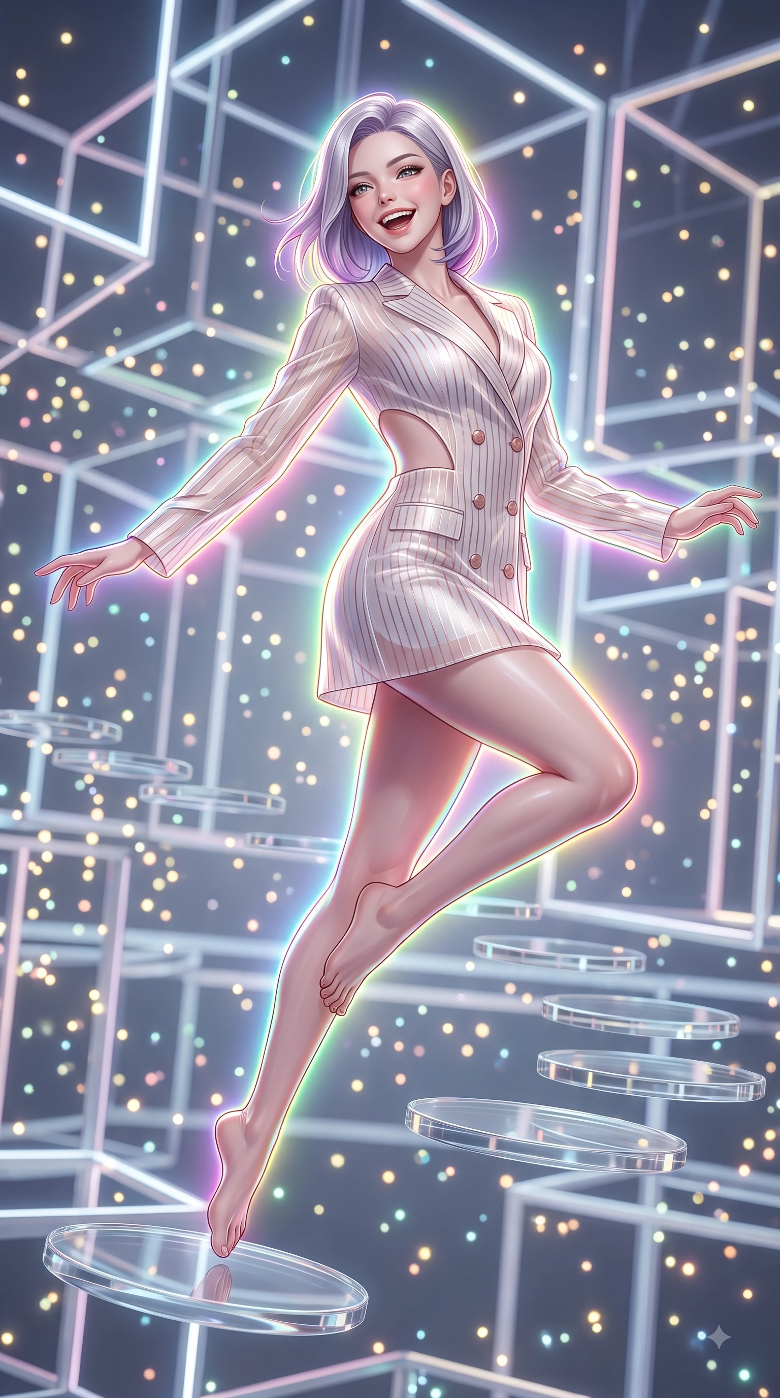 score_9, masterpiece, best quality, ultra-detailed, high-budget anime keyframe, editorial fashion photography, tasteful artistic composition, Caucasian woman. low angle full-body shot from head to toe showing her feet, filling the entire 9:16 vertical frame with her statuesque presence, stretching her vertical silhouette. pivoting dynamically in zero-gravity with a delighted laughing expression, displaying her perfect model proportions while leaping across a floating glass disk inside a geometric light matrix with a beaming face, glowing fiber optic motes drifting like fireflies in the cheerful background. She has an absolutely perfect, statuesque 8.5-heads proportion, an exceptionally tall and slender model-like female figure with impossibly long slender legs and an ultra-slim waist. sharp v-shaped jawline, high-bridge nose, intricate jewel-like eyes with depth, thick eyelashes, glossy lips with a natural sheen, flawlessly proportioned anatomical accuracy, natural body alignment, perfectly sculpted elegant limbs, clean dynamic posture without body distortion. wearing a double-breasted blazer dress with subtle metallic pin-stripes in pearl white and rose gold, woven from fine semi-opaque sheer organza, featuring clean architectural cutouts along her slender torso, the glove-like fit emphasizing her statuesque silhouette during motion. surrounded by a vibrant fluorescent aura with bright specular rim lights. ultra-reflective glossy finish, specular highlights, metallic sheen, high-contrast stereoscopic depth, volumetric dynamic lighting, 2k, ultra detail, master piece, 9:16 ratio
