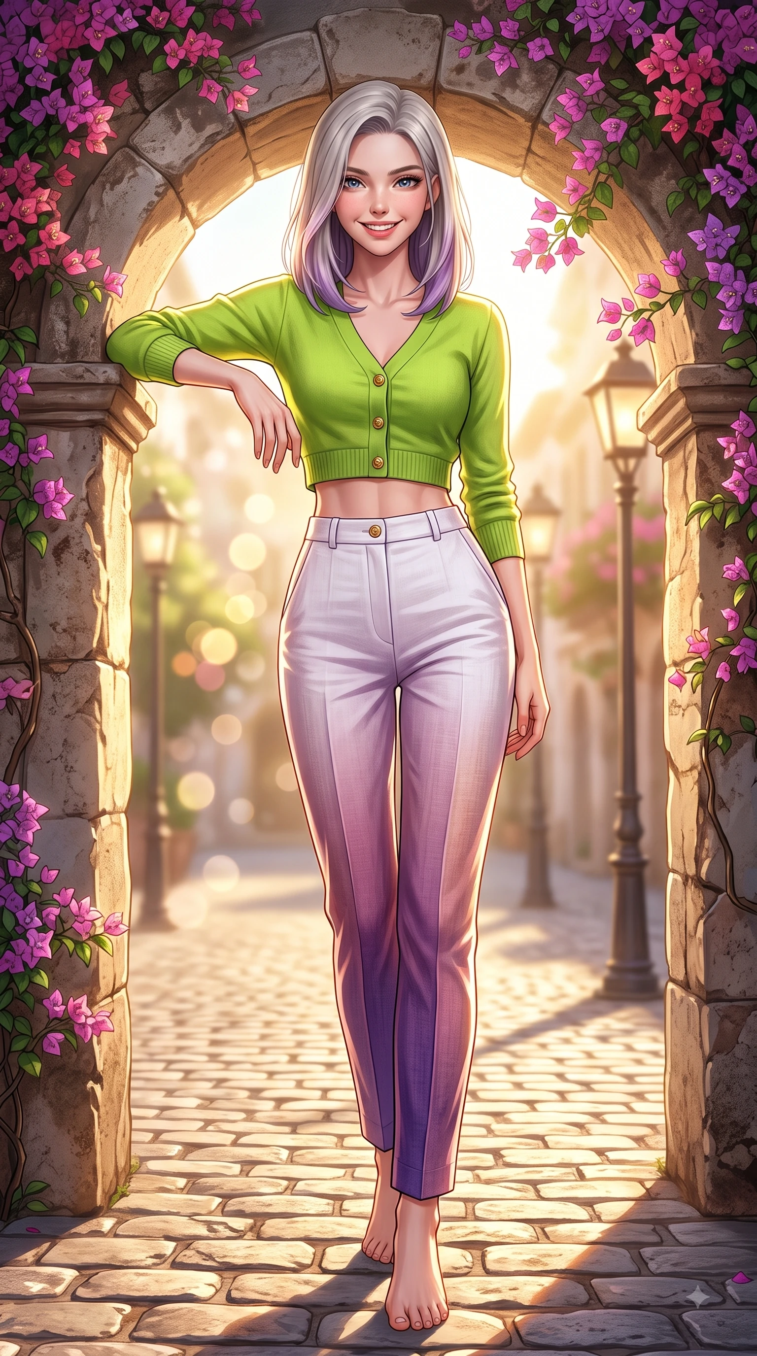 score_9, masterpiece, best quality, ultra-detailed, high-budget anime keyframe, editorial fashion photography, tasteful artistic composition, Caucasian woman. low angle full-body shot from head to toe showing her feet, filling the entire 9:16 vertical frame with her statuesque presence, stretching her vertical silhouette. Playful cute grin with eyes crinkling in pure girlhood delight, leaning forward with adorable energy while leaning against a classic stone archway framed by trailing bougainvillea flowers. The composition keeps background elements in soft focus with dreamy bokeh. sunlit cobblestones and vintage street lamps softened in a dreamy editorial depth of field. She has an absolutely perfect, statuesque 8.5-heads proportion, an exceptionally tall and slender model-like female figure with impossibly long slender legs and an ultra-slim waist. sharp v-shaped jawline, high-bridge nose, intricate jewel-like eyes with depth, thick eyelashes, glossy lips with a natural sheen, flawlessly proportioned anatomical accuracy, natural body alignment, perfectly sculpted elegant limbs, clean dynamic posture without body distortion. wearing a bright lime green cropped cardigan paired with high-waist white linen trousers in deep amethyst purple and rose gold, crafted from soft breathable Italian linen, finished with gold metallic hardware buttons along the front, the chic fashion cut framing her graceful clavicle and slender torso. bathed in dramatic golden hour sunbursts casting long cinematic shadows. highly saturated vibrant anime colors, detailed shading with soft gradients, rich glossy textures, high-contrast stereoscopic depth, volumetric dynamic lighting, master piece, 9:16 ratio