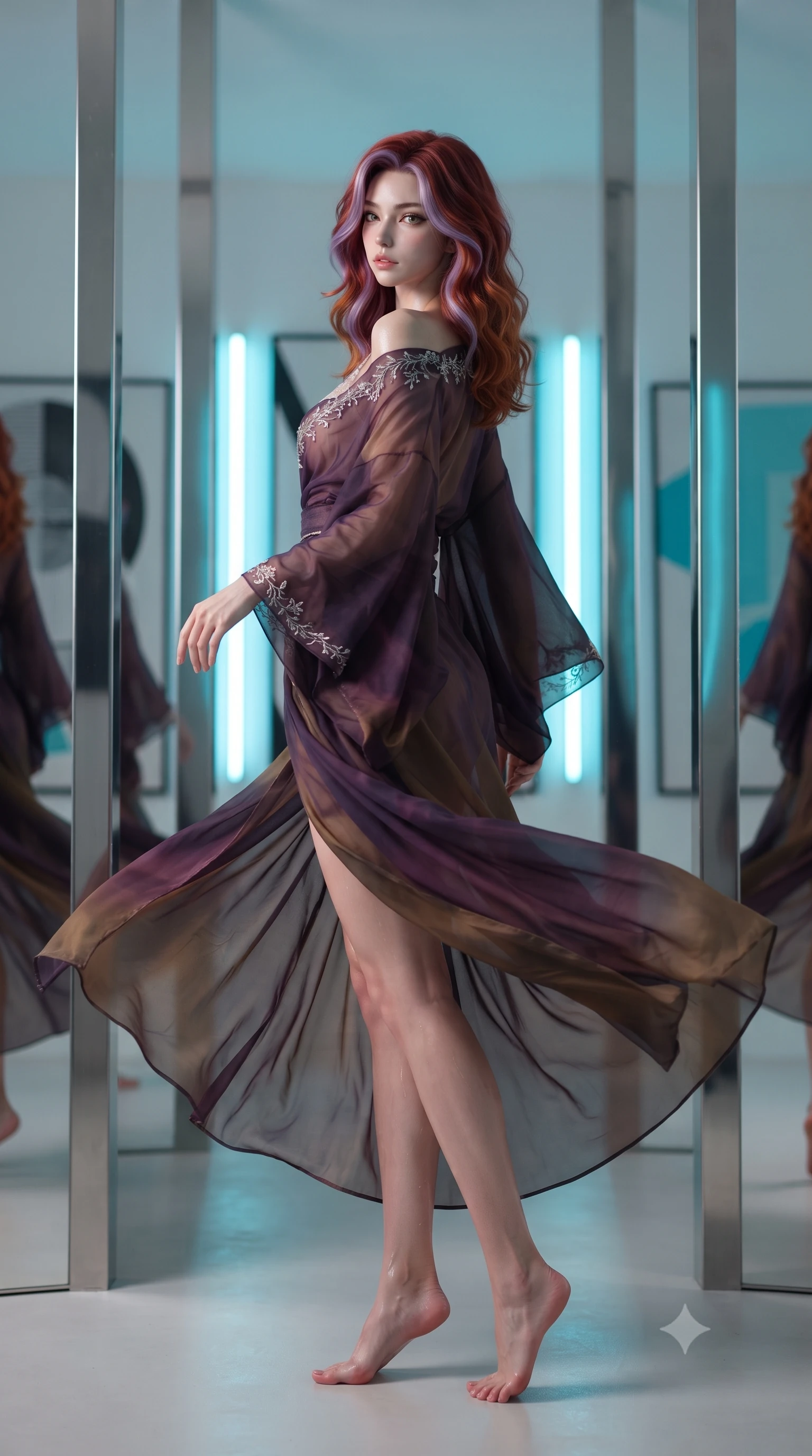 score_9, masterpiece, best quality, ultra-detailed, high-budget anime keyframe, editorial fashion photography, tasteful artistic composition, Caucasian woman. low angle full-body shot from head to toe showing her feet, filling the entire 9:16 vertical frame with her statuesque presence, stretching her vertical silhouette. executing an elegant mid-motion pivot turn as garments swirl around her slender limbs, glancing over her shoulder with an intoxicating bedroom-gaze while standing poised between mirror-finished stainless steel columns, her graceful hourglass silhouette multiplied into infinite reflections. The composition keeps background elements in soft focus with creamy bokeh. monumental geometric op-art canvases and minimalist neon wall tubes blurred into crisp alabaster, charcoal, and electric cyan bokeh. She has an exceptionally tall and slender model-like 8.5-heads proportion, an ultra-slim waist, a flat toned midriff, narrow delicate ribcage, and beautifully sculpted feminine hips creating a graceful, slim hourglass silhouette without any bulky heaviness, with impossibly long slender legs. sharp v-shaped jawline, high-bridge nose, intricate jewel-like eyes with depth, thick eyelashes, glossy parted lips with a natural sheen, intensely captivating and seductive bedroom-eyes expression, flawlessly proportioned anatomical accuracy, strict slender model proportions, natural body alignment, perfectly sculpted long slender limbs, ultra-slim waistline, clean dynamic posture without body distortion. wearing a delicate semi-translucent silk yukata that clings to her wet skin and curvy hip contours in deep plum violet and antique bronze, woven from layered gossamer chiffon with a weightless sweeping drape, finished with delicate crystal frost embroidery tracing the plunging neckline, the second-skin form-contouring cut accentuating her sculpted flat midriff, narrow delicate ribcage, and gracefully curvy hips with supermodel precision. illuminated by sharp linear edge highlights defining her sculpted collarbones, ultra-slim waist, and curvy hips. ultra-reflective glossy finish, specular highlights, rich textural contrasts, high-contrast stereoscopic depth, volumetric dynamic lighting, 2k, ultra detail, master piece, 9:16 ratio