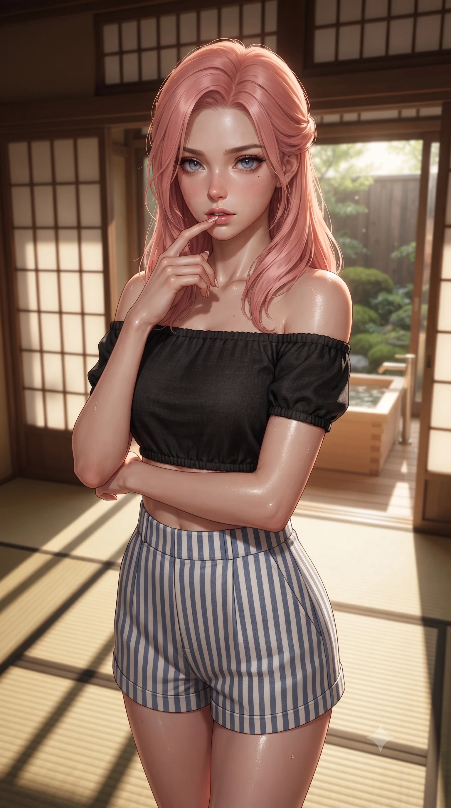 score_9, masterpiece, best quality, ultra-detailed, high-budget anime keyframe, editorial fashion photography, tasteful artistic composition, Japanese woman woman. close-up cowboy shot from the waist and thighs up, the character dominates the composition, filling the frame with her large presence, background elements kept in soft focus. pressing one finger to her bottom lip in a thoughtful, seductive gesture under the warm sun the background shows a soft-focus a private cypress wood bath (hinoki) facing a small moss garden through sliding doors. She has an exceptionally elegant, slender, and willowy female figure with an ultra-slim waist, a gracefully sculpted slender torso, and a refined silhouette. sharp v-shaped jawline, high-bridge nose, intricate jewel-like eyes with depth, thick eyelashes, glossy lips with a natural sheen. wearing a tailored chic off-shoulder crop top in black linen, paired with high-waisted striped resort shorts. soft late afternoon sunrays casting long wooden grid shadows on the tatami. ultra-reflective glossy finish, specular highlights, metallic sheen, high-contrast stereoscopic depth, volumetric dynamic lighting, 2k, ultra detail, master piece, 9:16 ratio