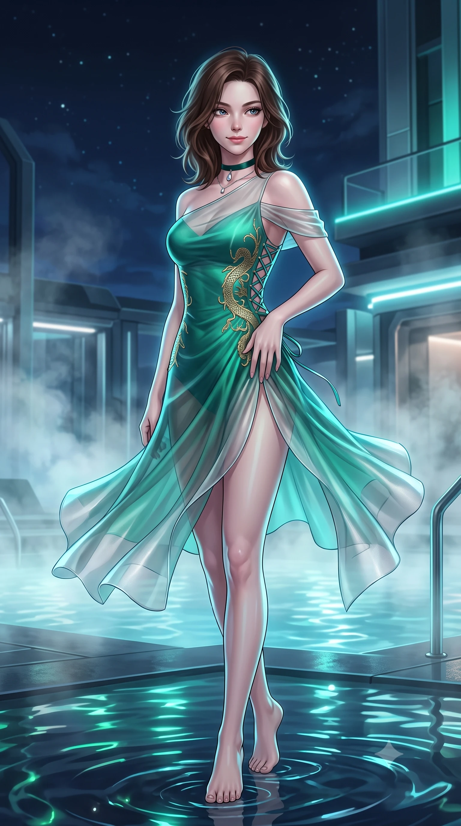 score_9, masterpiece, best quality, ultra-detailed, high-budget anime keyframe, semi-realistic 3D game render, editorial fashion photography, tasteful artistic composition, Korean woman. low angle full-body shot from head to toe showing her feet, filling the entire 9:16 vertical frame with her statuesque presence, stretching her vertical silhouette. executing a slow, graceful pivot turn as her skirt sways around her slender legs, glancing back with an enchanting, teasing sensual expression while twisting her slender torso in an alluring contrapposto stance, shimmering neon reflections and thermal bath vapor caressing her flat midriff and hips. The surrounding environment is rendered in vivid detail and crisp panoramic clarity: detailed off-the-shoulder sheer illusion mesh evening bodysuit, gold dragon-scale embroidery, and high-tech architecture in razor-sharp precision. She has an exceptionally tall and slender model-like 8.5-heads proportion, an ultra-slim waist, a flat toned midriff, narrow delicate ribcage, and beautifully sculpted feminine hips creating a graceful, slim hourglass silhouette without any bulky heaviness, with impossibly long slender legs. sharp v-shaped jawline, high-bridge nose, intricate jewel-like sparkling eyes with depth, thick eyelashes, glossy parted lips with a natural peach sheen, bright cheerful beaming smile with an enchanting and coquettish sensual glint, exuding both youthful cute charm and seductive allure, flawlessly proportioned anatomical accuracy, strict slender model proportions, natural body alignment, perfectly sculpted long slender limbs, ultra-slim waistline, clean dynamic posture without body distortion. wearing an alluring sheer gossamer slip dress with side lace-up corset ties revealing glimpses of her hip curve in Nordic aurora emerald green and starlight silver, crafted from translucent silk organza with an ethereal crystalline sheen, finished with a thin velvet ribbon choker and a single teardrop diamond pendant, the form-contouring silhouette accentuating her sculpted flat midriff, narrow delicate ribcage, and gracefully curvy hips with intoxicating allure. illuminated by tub water caustics bounce and sharp platinum-cyan rim lights sculpting her jawline, narrow waist, and curvy hips. highly saturated vibrant anime colors, detailed shading with soft gradients, rich glossy textures, high-contrast stereoscopic depth, volumetric dynamic lighting, master piece, 9:16 ratio