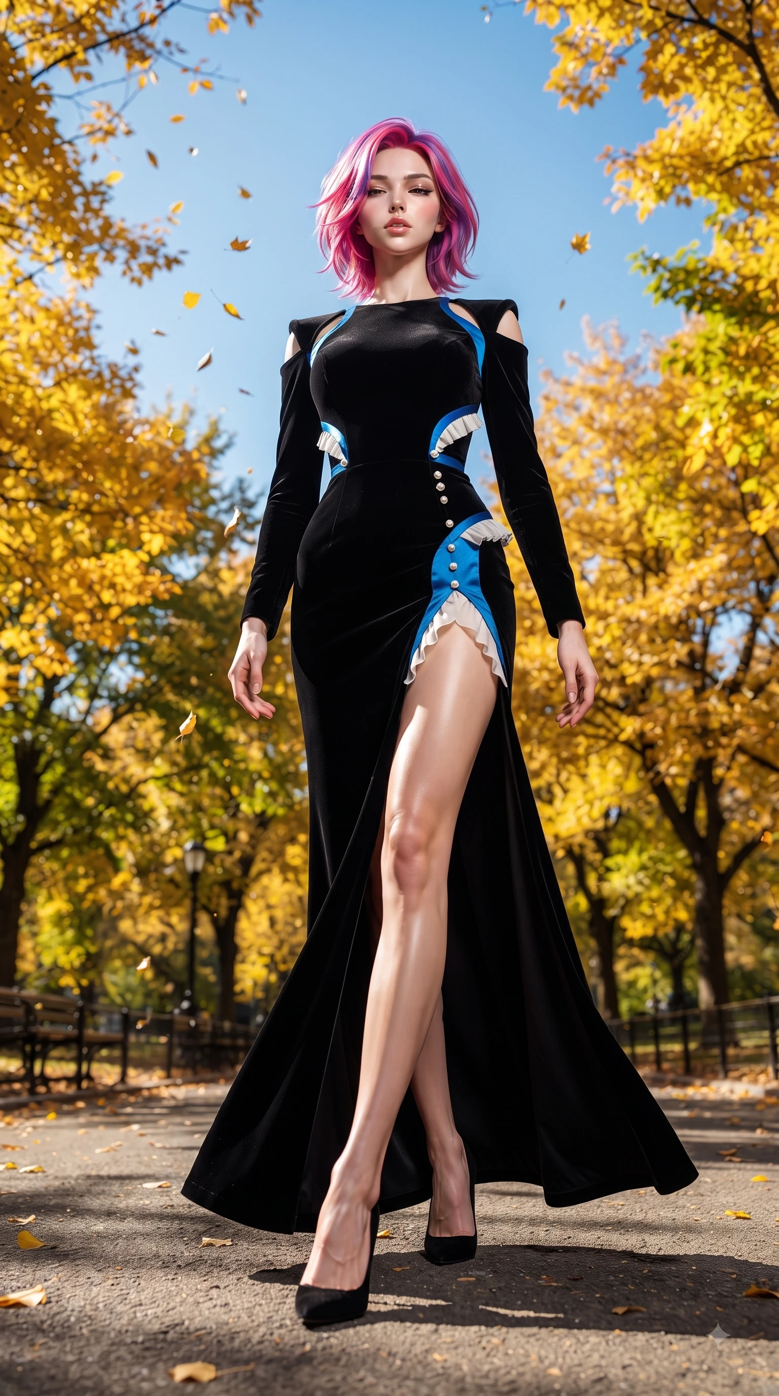 score_9, masterpiece, best quality, ultra-detailed, high-budget anime keyframe, editorial fashion photography, tasteful artistic composition, Caucasian woman. low angle full-body shot from head to toe showing her feet, filling the entire 9:16 vertical frame with her statuesque presence, stretching her vertical silhouette. Sensual alluring expression with smoldering intensity, half-closed bedroom eyes, and softly parted glossy lips while stepping along a paved park path flanked by vibrant autumn trees under a clear blue sky. The surrounding environment is rendered in vivid detail and crisp panoramic clarity. vibrant autumn sunlight scattering through golden leaves with high environmental clarity. She has an absolutely perfect, statuesque 8.5-heads proportion, an exceptionally tall and slender model-like female figure with impossibly long slender legs and an ultra-slim waist. sharp v-shaped jawline, high-bridge nose, intricate jewel-like eyes with depth, thick eyelashes, glossy lips with a natural sheen, flawlessly proportioned anatomical accuracy, natural body alignment, perfectly sculpted elegant limbs, clean dynamic posture without body distortion. wearing a dramatic black velvet evening gown with a high leg slit and subtle shoulder cutouts in electric azure blue and cloud white, tailored from structured wool crepe with clean lines, accented with delicate pearl buttons and refined ruffle trims, the chic fashion cut framing her graceful clavicle and slender torso. illuminated by bright glowing yellow ambient light and clear sky refractions. ultra-reflective glossy finish, specular highlights, metallic sheen, high-contrast stereoscopic depth, volumetric dynamic lighting, 2k, ultra detail, master piece, 9:16 ratio