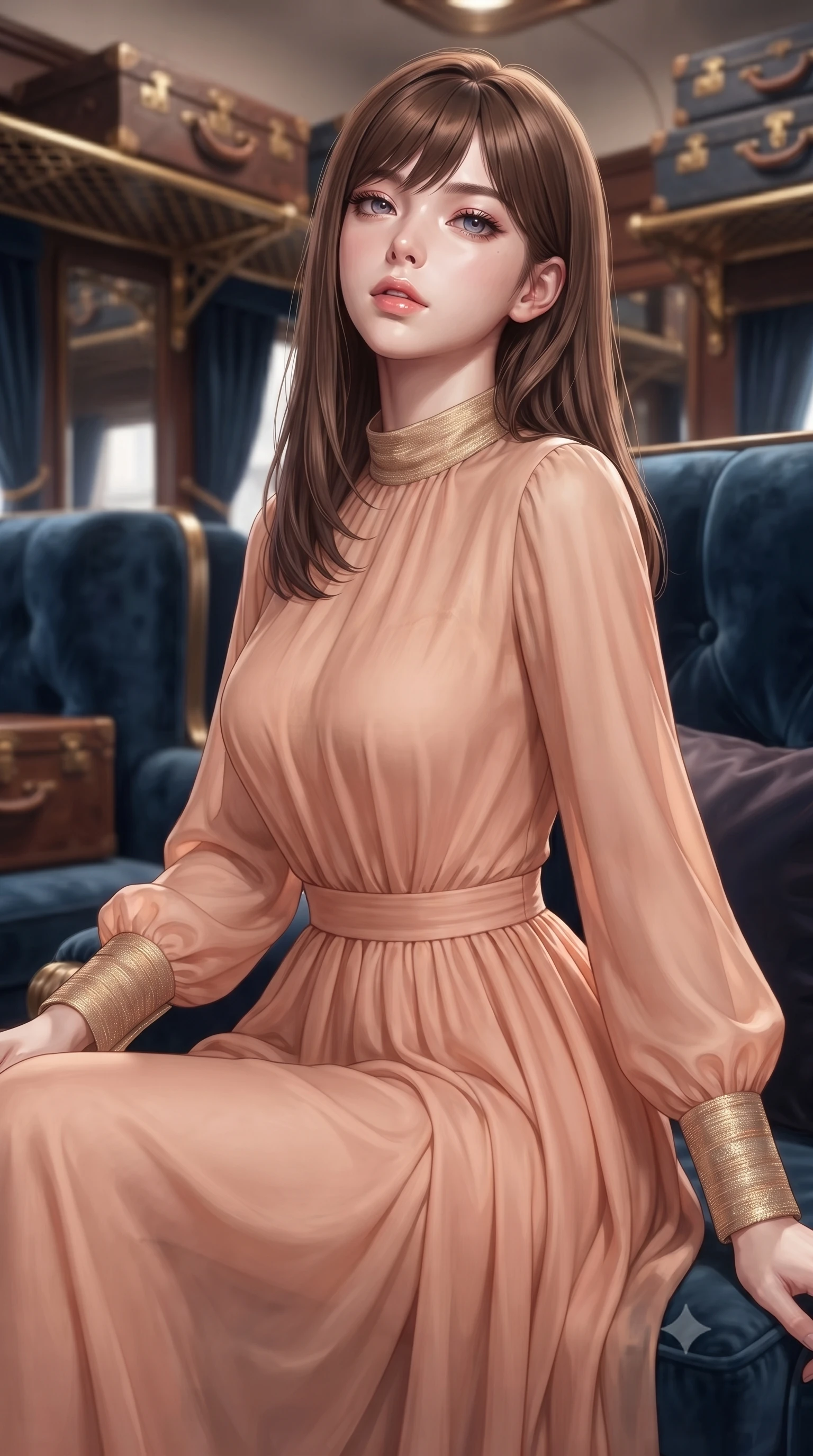 score_9, masterpiece, best quality, ultra-detailed, high-budget anime keyframe, editorial fashion photography, tasteful artistic composition, Korean woman. close-up cowboy shot from the waist and thighs up, the character dominates the composition, filling the frame with her large presence, background elements kept in soft focus. tilting her chin up slightly with lips parted in a composed, provocative expression the background shows a soft-focus a private compartment with plush velvet seats and gold-trimmed luggage racks. She has an exceptionally elegant, slender, and willowy female figure with an ultra-slim waist, a gracefully sculpted slender torso, and a refined silhouette. sharp v-shaped jawline, high-bridge nose, intricate jewel-like eyes with depth, thick eyelashes, glossy lips with a natural sheen. wearing a tailored flowy peach-colored chiffon lounge gown with long sleeves and a modest high collar. soft spotlighting highlighting the detailed fabrics of her outfit. ultra-reflective glossy finish, specular highlights, metallic sheen, high-contrast stereoscopic depth, volumetric dynamic lighting, 2k, ultra detail, master piece, 9:16 ratio