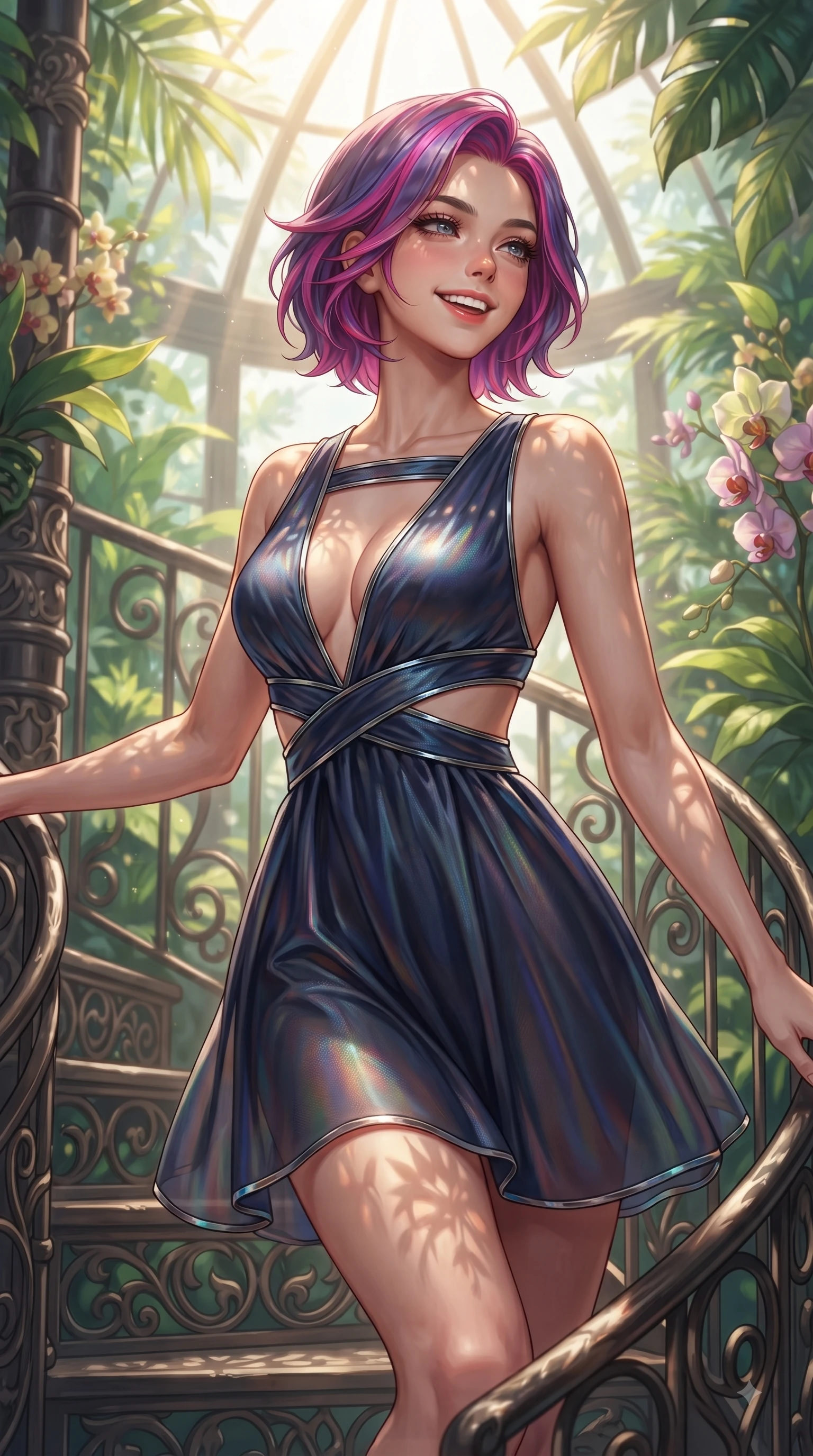 score_9, masterpiece, best quality, ultra-detailed, high-budget anime keyframe, editorial fashion photography, tasteful artistic composition, Caucasian woman. close-up cowboy shot from the waist and thighs up, the character dominates the composition, filling the frame with her large presence, background elements kept in soft focus. Radiant youthful grin reflecting college charm while casting a playful, joyful side-gaze with heavy lashes while ascending a spiral iron staircase enveloped by sunlit tropical foliage and exotic orchids, rich emerald, jade, and lime green plant textures framing her youthful posture. She has an exceptionally elegant, slender, and willowy female figure with an ultra-slim waist, a gracefully sculpted slender torso, and a refined silhouette. sharp v-shaped jawline, high-bridge nose, intricate jewel-like eyes with depth, thick eyelashes, glossy lips with a natural sheen, flawlessly proportioned anatomical accuracy, natural body alignment, perfectly sculpted elegant limbs, clean dynamic posture without body distortion. wearing a liquid mercury gloss mini dress with ultra-deep V-neck and waist cutouts in midnight navy blue and chrome trim, crafted from iridescent chiffon that shifts colors in the light, accented with a Tasteful chest slit framing her clavicle gracefully, the sleek second-skin texture accentuating her magnetic presence. illuminated by clear sunbeams casting organic leaf stencil shadows across her skin. ultra-reflective glossy finish, specular highlights, metallic sheen, high-contrast stereoscopic depth, volumetric dynamic lighting, 2k, ultra detail, master piece, 9:16 ratio