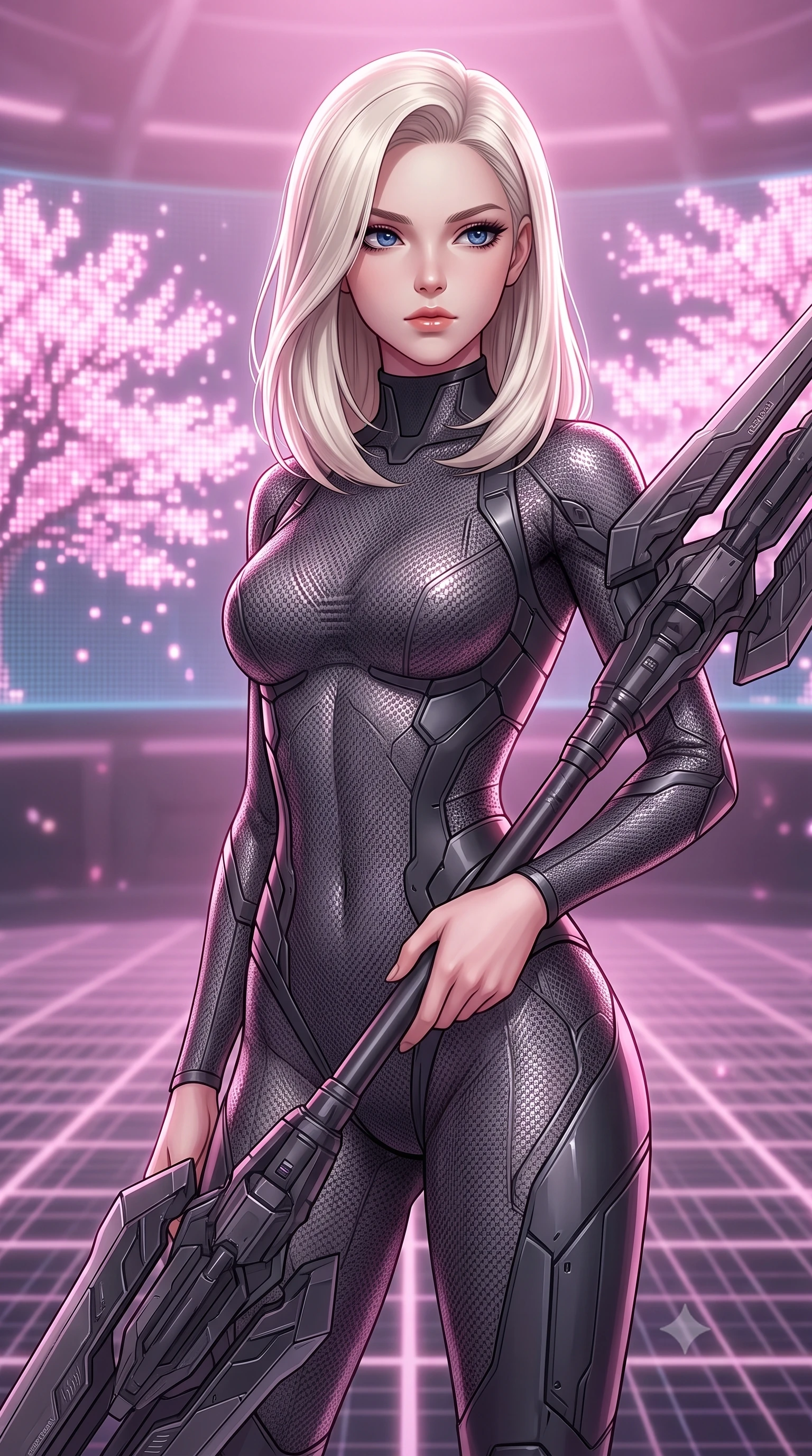 score_9, masterpiece, best quality, ultra-detailed, high-budget anime keyframe, editorial fashion photography, tasteful artistic composition, Caucasian woman. close-up cowboy shot from the waist and thighs up, the character dominates the composition, filling the frame with her large presence, background elements kept in soft focus. holding a deactivated nanotech glaive, looking past the camera with quiet, sharp focus and a composed expression, the background shows a soft-focus a holographic arena with virtual cherry blossom trees made of glowing pink pixels. She has an exceptionally elegant, slender, and willowy female figure with an ultra-slim waist, a gracefully sculpted slender torso, and a refined silhouette. sharp v-shaped jawline, high-bridge nose, intricate jewel-like eyes with depth, thick eyelashes, glossy lips with a natural sheen. wearing a form-contouring form-fitting dark grey nano-mesh bodysuit with a high-neck collar, tracing her slender waist and hips. soft pink digital light diffusing through the room, creating a dreamy wash. highly saturated vibrant anime colors, detailed shading with soft gradients, rich glossy textures, high-contrast stereoscopic depth, volumetric dynamic lighting, master piece, 9:16 ratio