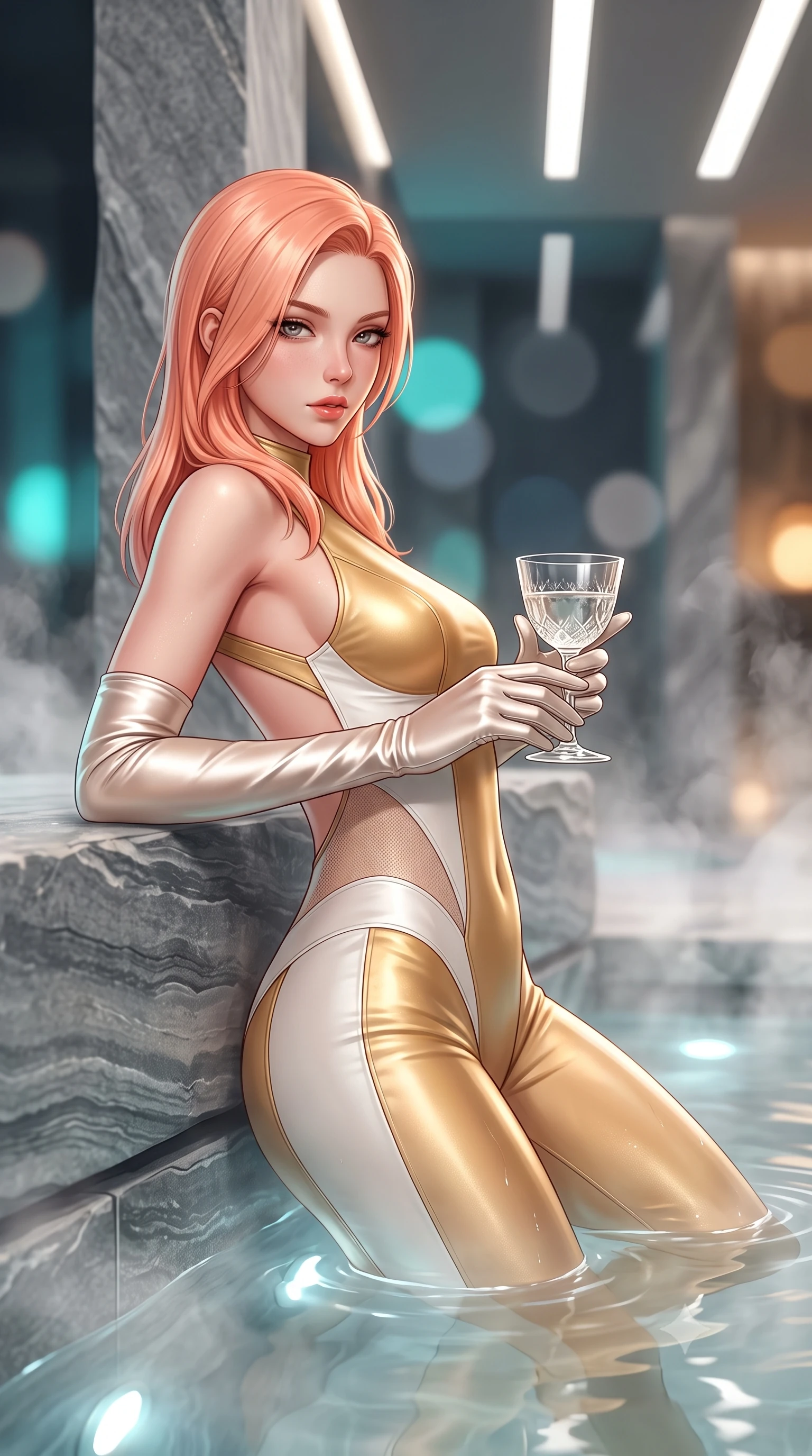 score_9, masterpiece, best quality, ultra-detailed, high-budget anime keyframe, semi-realistic 3D game render, editorial fashion photography, tasteful artistic composition, Japanese woman. close-up cowboy shot from the waist and thighs up, the character dominates the composition, filling the frame with her large presence. leaning back with relaxed seductive grace, her sculpted collarbones and narrow waist highlighted as she casts smoldering bedroom-eyes directly into the camera while wading through the steaming mineral thermal pool surrounded by monumental layered grey quartzite stone slabs, arching her lower back with serene supermodel grace. The composition keeps background elements in soft focus with creamy bokeh. narrow geometric ceiling light slits and rising thermal water vapors blurred into luminous teal, slate grey, and warm tungsten bokeh. She has an exceptionally elegant, slender, and willowy female figure with an ultra-slim waist, flat toned midriff, narrow ribcage, and sculpted feminine hips creating an alluring, slim hourglass silhouette without bulk. sharp v-shaped jawline, high-bridge nose, intricate jewel-like eyes with depth, thick eyelashes, glossy parted lips with a natural sheen, intensely captivating and seductive bedroom-eyes expression, flawlessly proportioned anatomical accuracy, strict slender model proportions, natural body alignment, perfectly sculpted long slender limbs, ultra-slim waistline, clean dynamic posture without body distortion. wearing a second-skin compression catsuit with an open back and sheer mesh side waist contouring in pure alabaster white and sun-kissed gold, formed from supple second-skin lambskin leather with specular sheen, accessorized with opera-length satin gloves and a vintage crystal glass, the liquid-tight tailored fabric clinging flawlessly to her narrow waist and rounded feminine hips, emphasizing every millimeter of her sculpted slim hourglass curves without any bulky heaviness. illuminated by shimmering submerged pool lights softly contouring her razor-sharp jawline, narrow waist, and curvy hips. highly saturated vibrant anime colors, detailed shading with soft gradients, rich glossy textures, high-contrast stereoscopic depth, volumetric dynamic lighting, master piece, 9:16 ratio