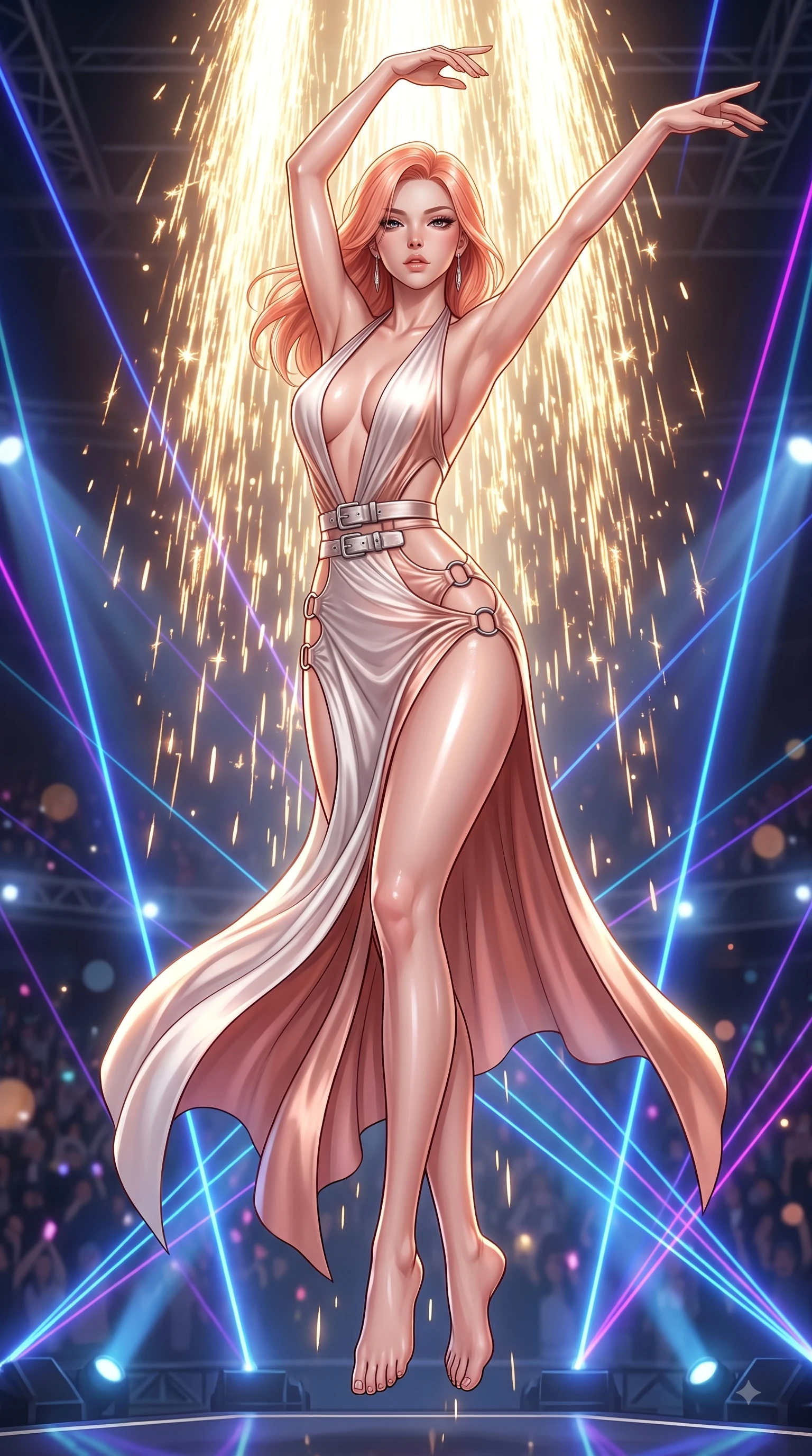 score_9, masterpiece, best quality, ultra-detailed, high-budget anime keyframe, editorial fashion photography, tasteful artistic composition, Japanese woman. low angle full-body shot from head to toe showing her feet, filling the entire 9:16 vertical frame with her statuesque presence, stretching her vertical silhouette. performing an athletic mid-air rotation with flawless poise, her vertical silhouette beautifully stretched while holding a powerful, seductive stage pose under intense laser beams on a stadium concert stage, golden pyrotechnic sparks falling like a waterfall behind her statuesque silhouette. She has an absolutely perfect, statuesque 8.5-heads proportion, an exceptionally tall and slender model-like female figure with impossibly long slender legs and an ultra-slim waist. sharp v-shaped jawline, high-bridge nose, intricate jewel-like eyes with depth, thick eyelashes, glossy lips with a natural sheen, flawlessly proportioned anatomical accuracy, natural body alignment, perfectly sculpted elegant limbs, clean dynamic posture without body distortion. wearing a deep-scoop halter bodycon dress with hip cutouts connected by silver rings in pearl white and rose gold, crafted from lustrous satin jersey with fluid draping, detailed with polished silver buckles along the waistline, the form-contouring material highlighting her ultra-slim waist and long lines. illuminated by golden spark explosions and high-contrast concert lighting. ultra-reflective glossy finish, specular highlights, metallic sheen, high-contrast stereoscopic depth, volumetric dynamic lighting, 2k, ultra detail, master piece, 9:16 ratio