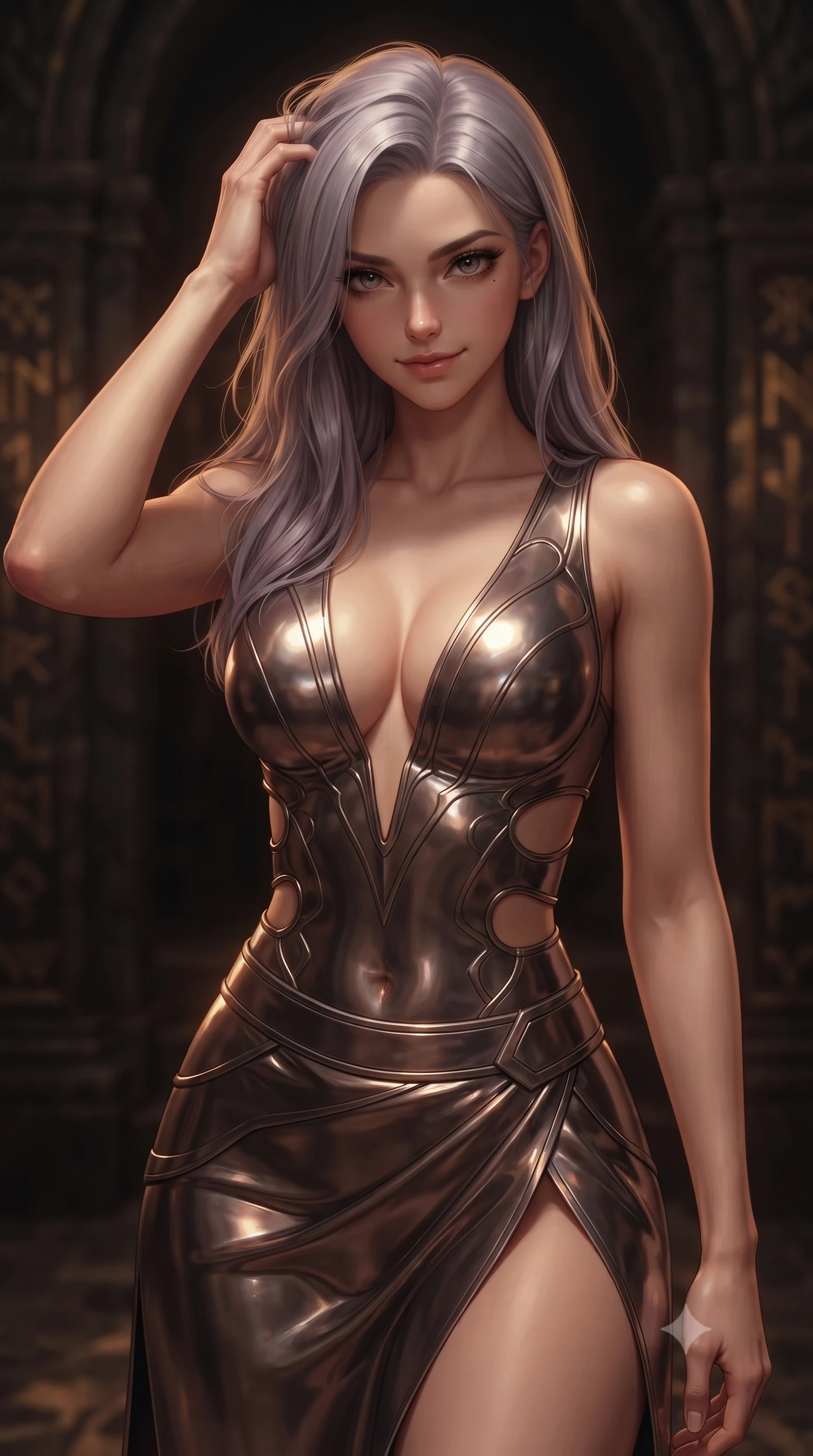 score_9, masterpiece, best quality, ultra-detailed, high-budget anime keyframe, editorial fashion photography, tasteful artistic composition, Caucasian woman. close-up cowboy shot from the waist and thighs up, the character dominates the composition, filling the frame with her large presence, background elements kept in soft focus. slowly running a hand through her hair, smiling with quiet, magnetic self-assurance directly into the camera, the background shows a soft-focus a cathedral crypt built of black basalt stones with gold runic carvings. She has an exceptionally elegant, slender, and willowy female figure with an ultra-slim waist, a gracefully sculpted slender torso, and a refined silhouette. sharp v-shaped jawline, high-bridge nose, intricate jewel-like eyes with depth, thick eyelashes, glossy lips with a natural sheen. wearing a body-hugging deep plunging-V neck bodycon armor top, featuring keyhole cutouts along the ribs and a thigh-slit wrap skirt. low-key amber lights casting cozy, mysterious shadows on basalt pillars. ultra-reflective glossy finish, specular highlights, metallic sheen, high-contrast stereoscopic depth, volumetric dynamic lighting, 2k, ultra detail, master piece, 9:16 ratio