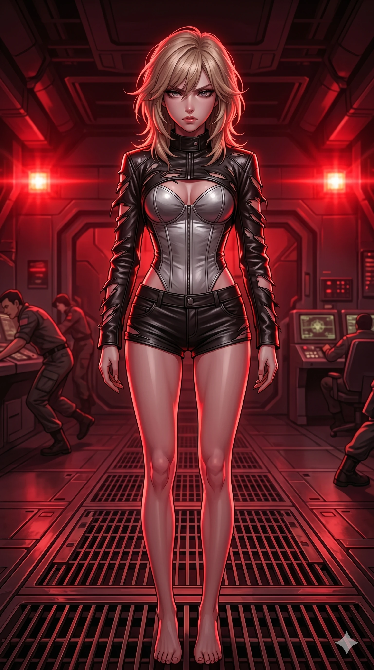 score_9, masterpiece, best quality, ultra-detailed, high-budget anime keyframe, editorial fashion photography, tasteful artistic composition, Japanese woman. cowboy shot from the thighs up, character and outfit filling the frame for maximum editorial presence. looking down at the viewer with an angry, cold look of absolute contempt and defiance on the deck of a military space vessel as warning lights flash intensely (Scenario Code A-48). She has an absolutely perfect 8-heads proportion, an exceptionally tall and slender female figure with impossibly long slender legs and an ultra-slim waist. V-shaped jawline, high-bridge nose, intricate jewel-like eyes with depth, thick eyelashes, glossy lips with a natural sheen. wearing a shredded leather crop jacket over a structured silver bodice and micro-shorts. lit by a deep crimson warning light that wraps her silhouette in a red rim light. 2k, ultra detail, master piece, 9:16 ratio