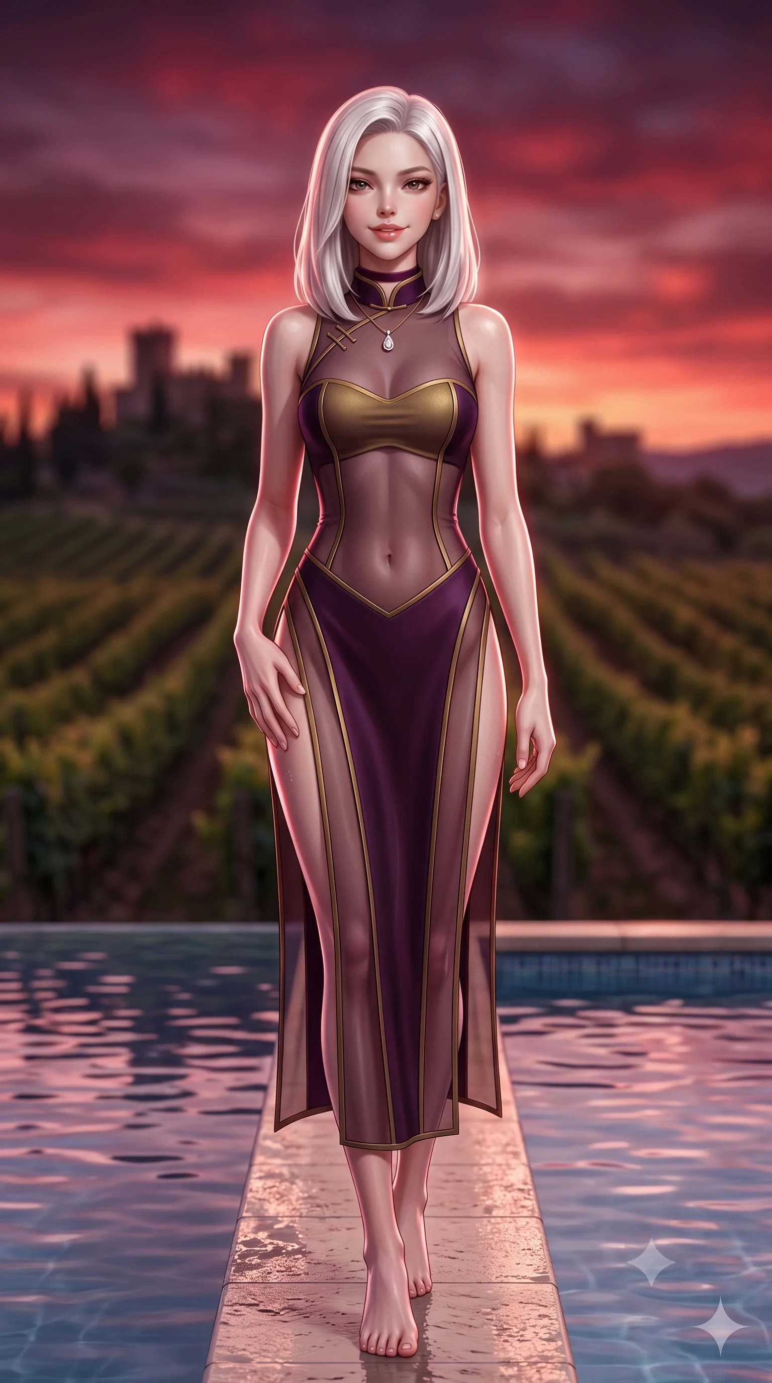 score_9, masterpiece, best quality, ultra-detailed, high-budget anime keyframe, semi-realistic 3D game render, editorial fashion photography, tasteful artistic composition, Korean woman. close-up cowboy shot from the waist and thighs up, the character dominates the composition, filling the frame with her large presence. tilting her head with a teasing half-smile, running one hand slowly down the side of her hip in a flirtatious S-curve as ambient light caresses her silhouette while walking slowly along the wet travertine edge of the infinity pool, arching her spine with seductive grace as the fiery crimson sunset reflects in the water. The background shows a soft-focus lush Sangiovese vineyard rows stretching to the horizon, ancient hilltop castle silhouettes, and fiery crimson sunset sky blurred into rose-gold, burgundy, and violet bokeh. She has an exceptionally elegant, slender, and willowy female figure with an ultra-slim waist, flat toned midriff, narrow ribcage, and sculpted feminine hips creating an alluring, slim hourglass silhouette without bulk. sharp v-shaped jawline, high-bridge nose, sparkling eyes with hypnotic seductive depth, thick curled eyelashes, glossy parted lips with a natural dewy peach sheen, alluring bedroom-eyes with an enchanting coquettish smile, exuding magnetic siren charisma and sophisticated glamour, flawlessly proportioned anatomical accuracy, strict slender model proportions, natural body alignment, perfectly sculpted long slender limbs, ultra-slim waistline, clean dynamic posture without body distortion. wearing a modern cheongsam-inspired sheer mesh dress with high mandarin collar and daring hip-high double side slits in rich dark plum violet and gilded antique brass, tailored from fine structural neoprene with crisp architectural edges and smooth contouring, finished with a thin velvet ribbon choker and a single teardrop diamond pendant, the form-contouring silhouette accentuating her sculpted flat midriff, narrow delicate ribcage, and gracefully curvy hips with intoxicating allure. illuminated by pool water specular reflections and sharp rose-gold rim lights defining her delicate clavicles, ultra-slim waist, and curvy hips. highly saturated vibrant anime colors, detailed shading with soft gradients, rich glossy textures, high-contrast stereoscopic depth, volumetric dynamic lighting, master piece, 9:16 ratio
