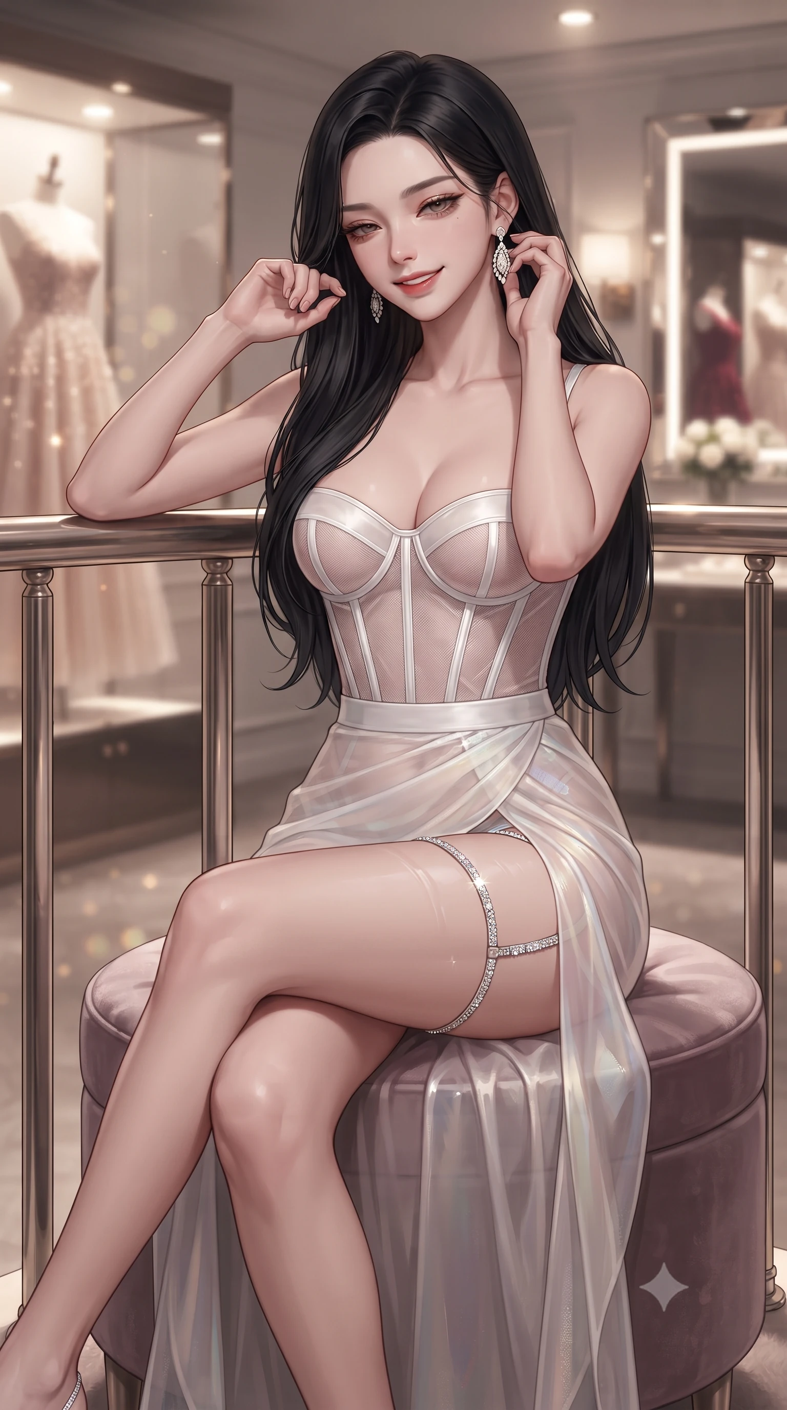 score_9, masterpiece, best quality, ultra-detailed, high-budget anime keyframe, editorial fashion photography, tasteful artistic composition, Korean woman. close-up cowboy shot from the waist and thighs up, the character dominates the composition, filling the frame with her large presence. leaning back against the balustrade with relaxed seductive grace, head tilted back slightly while casting a hypnotic, heavy-lidded gaze while sitting poised on the circular velvet vanity ottoman with legs crossed, arching her lower back to highlight her curvy hips as she toys with her earrings. The background shows a soft-focus illuminated glass vitrines showcasing haute-couture dresses, backlit bevelled mirrors, and glittering Gangnam night crossroads blurred into champagne, rose-gold, and sapphire bokeh. She has an exceptionally elegant, slender, and willowy female figure with an ultra-slim waist, flat toned midriff, narrow ribcage, and sculpted feminine hips creating an alluring, slim hourglass silhouette without bulk. sharp v-shaped jawline, high-bridge nose, intricate jewel-like sparkling eyes with depth, thick eyelashes, glossy parted lips with a natural peach sheen, bright cheerful beaming smile with an enchanting and coquettish sensual glint, exuding both youthful cute charm and seductive allure, flawlessly proportioned anatomical accuracy, strict slender model proportions, natural body alignment, perfectly sculpted long slender limbs, ultra-slim waistline, clean dynamic posture without body distortion. wearing a provocative translucent mesh corset bodice with boned satin channels paired with a sheer chiffon wrap maxi skirt in pure translucent crystal white and iridescent pearl, woven from buttery-soft stretch lambskin leather adhering to her body like a second skin, finished with delicate crystal-encrusted thigh garter straps glinting in the dim light, the glove-like clinging cut tightly following the natural contour of her hips and long slender legs with youthful 8.5-heads elegance. bathed in soft 3000K cove downlights and radiant vitrine display backlights. ultra-reflective glossy finish, specular highlights, rich textural contrasts, high-contrast stereoscopic depth, volumetric dynamic lighting, 2k, ultra detail, master piece, 9:16 ratio