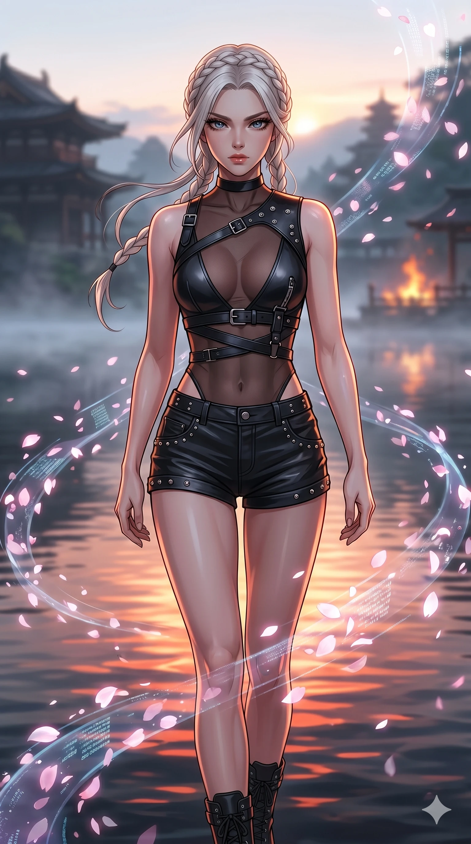 score_9, masterpiece, best quality, ultra-detailed, Set A: High-budget Anime Keyframe, Japanese woman. Upper body close-up from the thighs up, character filling the screen for maximum presence. Walking gracefully through a misty lakeside at dawn, with a look of intense determination reflecting the fires of 67 and surrounded by digital sakura petals. She has an well-proportioned figure, an tall and elegant figure with elegant legs and an graceful posture. Sharp v-shaped jawline, high-bridge nose, intricate jewel-like eyes with depth, thick eyelashes, glossy lips with a natural sheen. Wearing Asymmetrical leather harness over a sheer mesh leotard and studded stylish shorts. Cinematic lighting, vibrant colors, dramatic shadows, 2k, ultra detail, master piece, 9:16 ratio
