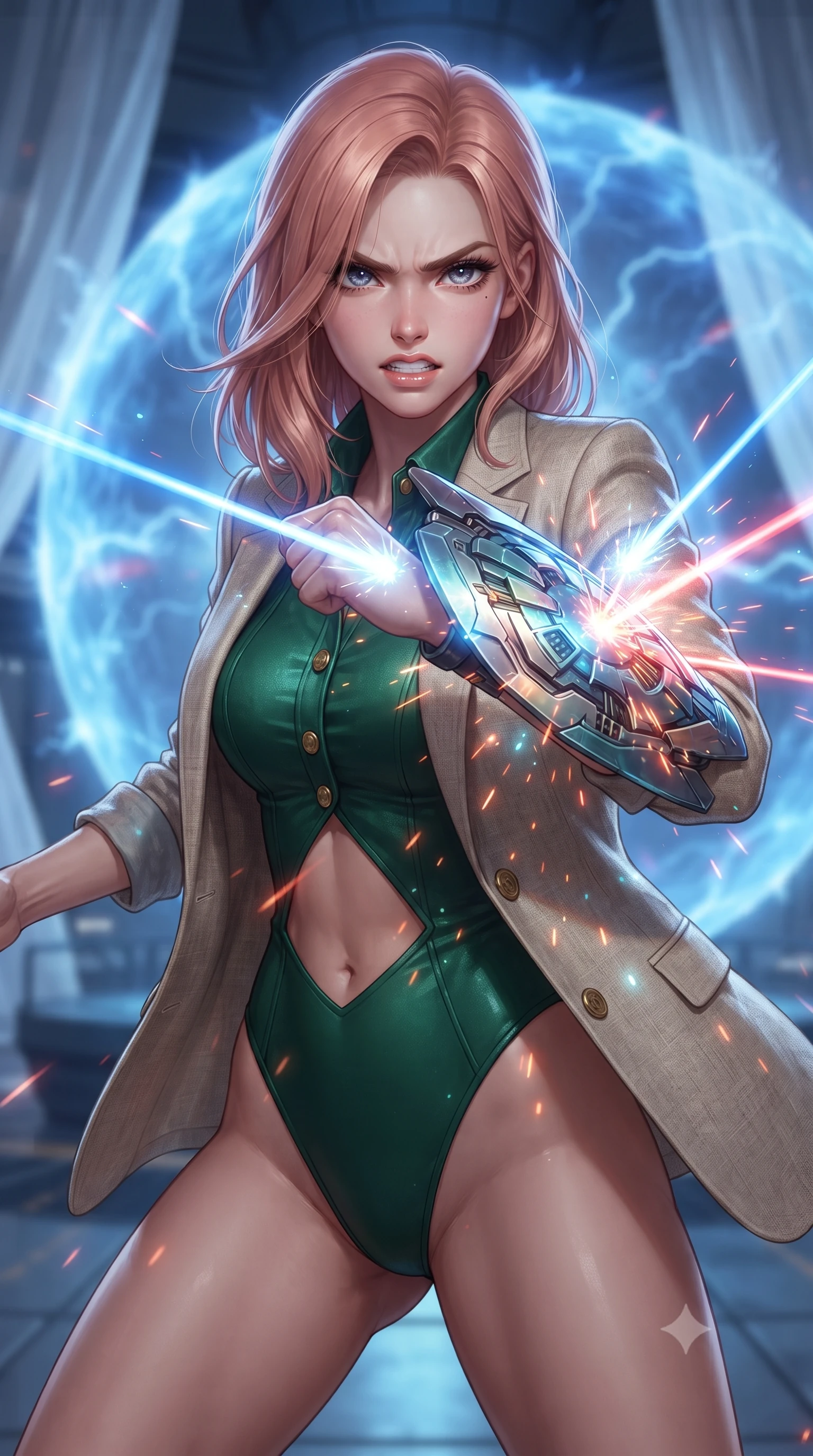 score_9, masterpiece, best quality, ultra-detailed, high-budget anime keyframe, editorial fashion photography, tasteful artistic composition, realistic cosplay photography, Japanese woman. close-up cowboy shot from the waist and thighs up, the character dominates the composition, filling the frame with her large presence, background elements kept in soft focus. Deflecting incoming plasma bolts with a glowing energy shield attached to her forearm, teeth grit in determination. set against a soft-focus background of inside a flagship reactor room, a colossal blue plasma shield generator pulsing with defensive energy barriers. She has an exceptionally elegant and slender, willowy female figure with an ultra-slim waist, a gracefully sculpted slender torso, and a refined slim physique. sharp v-shaped jawline, high-bridge nose, intricate jewel-like eyes with depth, thick eyelashes, glossy lips with a natural sheen. wearing catching and diffusing the glowing particles, shimmering softly in response to the surrounding light, a slim-fit high-cut bodysuit in emerald green, with gold button accents and an exposed midriff section under an open linen blazer. cold silver moonlight filtered through translucent gossamer curtains casting delicate shadows. ultra-reflective glossy finish, specular highlights, metallic sheen, high-contrast stereoscopic depth, volumetric dynamic lighting, 2k, ultra detail, master piece, 9:16 ratio