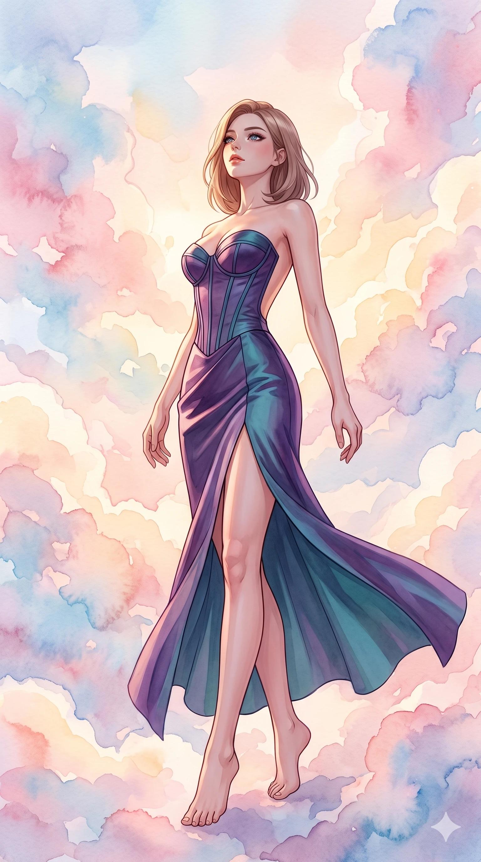 score_9, masterpiece, best quality, ultra-detailed, high-budget anime keyframe, editorial fashion photography, tasteful artistic composition, Korean woman. low angle full-body shot from head to toe showing her feet, filling the entire 9:16 vertical frame with her statuesque presence, stretching her vertical silhouette. twirling with balletic elegance inside floating among enormous clouds that are made of spreading watercolor washes in soft pastel tones each cloud a living painting that bleeds and blooms color into the surrounding atmosphere. She has a statuesque 8.5-heads proportion, an exceptionally tall, slender and willowy model-like build with impossibly long legs and a highly sculpted ultra-slim waist. sharp v-shaped jawline, high-bridge nose, intricate jewel-like eyes with depth, thick eyelashes, glossy lips with a natural sheen. wearing a structured bustier gown in deep purple and teal satin, featuring a boned bodice, a daring high front slit, and a completely bare back. gentle golden hour sunlight filtering through the watercolor clouds creating warm peach rose and lavender tones with soft diffused shadows. 2k, ultra detail, master piece, 9:16 ratio