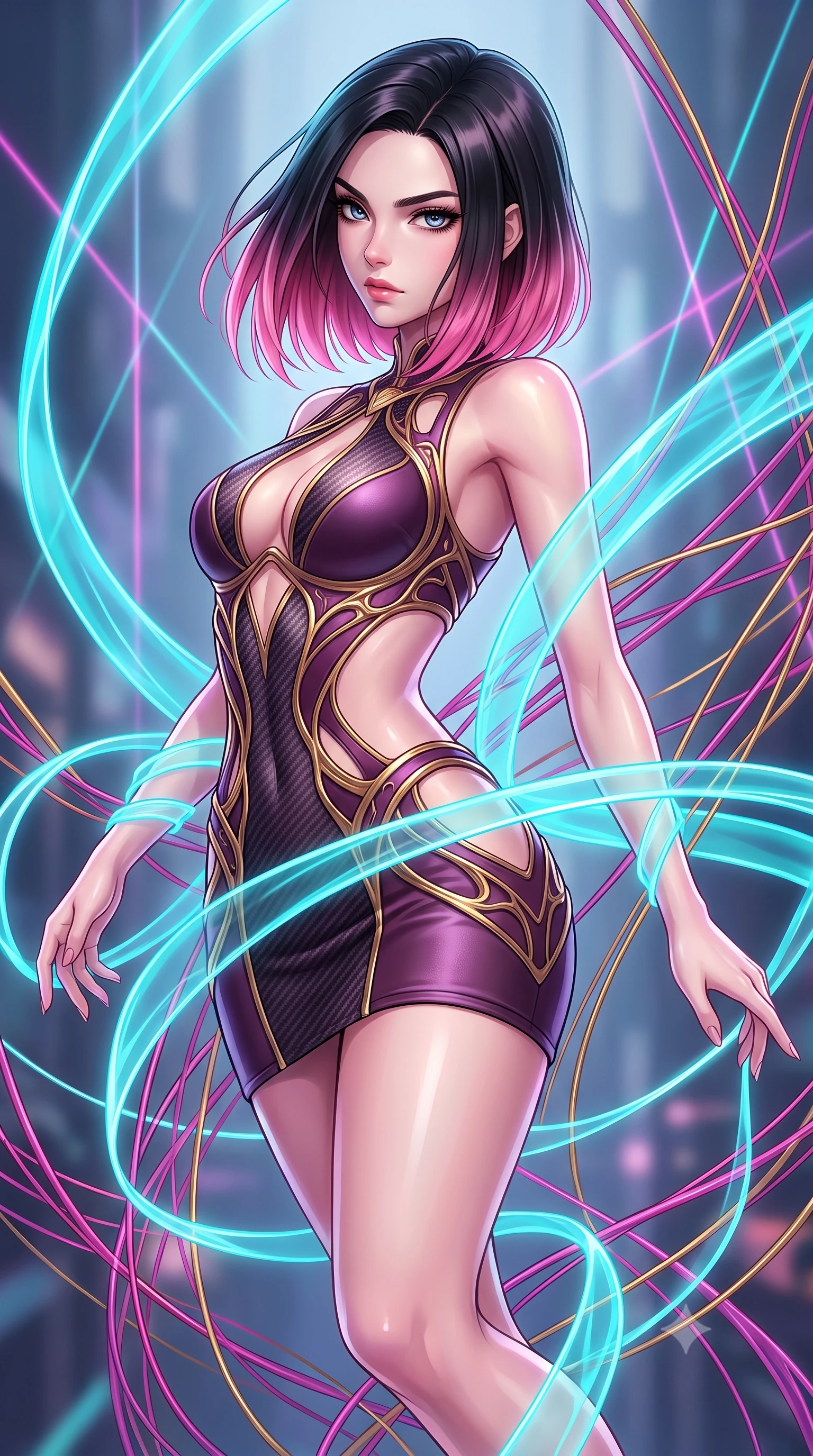 score_9, masterpiece, best quality, ultra-detailed, high-budget anime keyframe, editorial fashion photography, tasteful artistic composition, Korean woman. close-up cowboy shot from the waist and thighs up, the character dominates the composition, filling the frame with her large presence, background elements kept in soft focus. Pivoting sharply while looking back over her shoulder with heavy lashes and a confident, intense gaze while floating dynamically in mid-air while weaving translucent cyan plasma ribbons around her body, fluorescent cyan, magenta, and gold plasma ribbons crossing in 3D space. She has an exceptionally elegant, slender, and willowy female figure with an ultra-slim waist, a gracefully sculpted slender torso, and a refined silhouette. sharp v-shaped jawline, high-bridge nose, intricate jewel-like eyes with depth, thick eyelashes, glossy lips with a natural sheen, flawlessly proportioned anatomical accuracy, natural body alignment, perfectly sculpted elegant limbs, clean dynamic posture without body distortion. wearing a dramatic open-waist cutout mini dress framed by sculptural hardware in plum purple and gold filigree, made of fine carbon-fiber weave and soft matte leather, accented with a Tasteful chest slit framing her clavicle gracefully, the tailored fabric tightly following every curve of her athletic build. bathed in sharp geometric laser grid highlights and soft ambient fill. highly saturated vibrant anime colors, detailed shading with soft gradients, rich glossy textures, high-contrast stereoscopic depth, volumetric dynamic lighting, master piece, 9:16 ratio