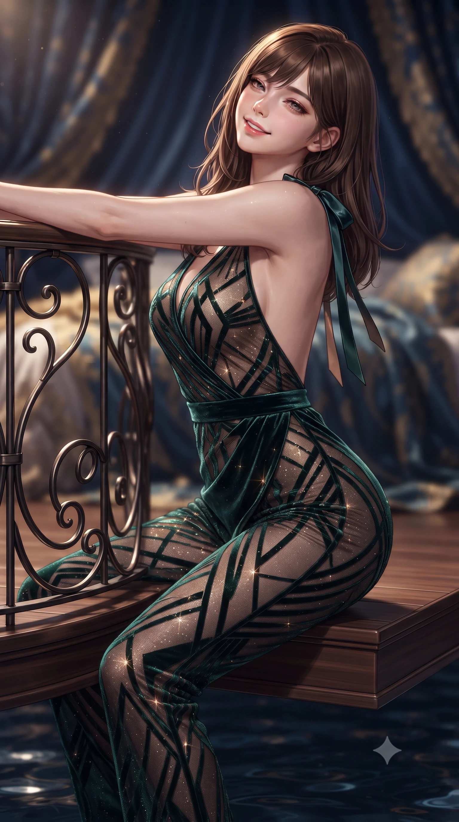 score_9, masterpiece, best quality, ultra-detailed, high-budget anime keyframe, editorial fashion photography, tasteful artistic composition, Korean woman. close-up cowboy shot from the waist and thighs up, the character dominates the composition, filling the frame with her large presence. leaning back against the balustrade with relaxed seductive grace, head tilted back slightly while casting a hypnotic, heavy-lidded gaze while sitting perched on the edge of the floating deck with legs extended, casting a hypnotic, heavy-lidded bedroom-gaze toward the camera. The background shows a soft-focus flowing damask throws softened in intimate midnight voyage shallow focus. She has an exceptionally elegant, slender, and willowy female figure with an ultra-slim waist, flat toned midriff, narrow ribcage, and sculpted feminine hips creating an alluring, slim hourglass silhouette without bulk. sharp v-shaped jawline, high-bridge nose, intricate jewel-like sparkling eyes with depth, thick eyelashes, glossy parted lips with a natural peach sheen, bright cheerful beaming smile with an enchanting and coquettish sensual glint, exuding both youthful cute charm and seductive allure, flawlessly proportioned anatomical accuracy, strict slender model proportions, natural body alignment, perfectly sculpted long slender limbs, ultra-slim waistline, clean dynamic posture without body distortion. wearing a backless sheer illusion mesh jumpsuit with strategic geometric flocking tracing her long slender leg lines in deep emerald velvet and shimmering bronze, woven from stretch metallic lurex jersey casting radiant starlight glints across her curves, finished with satin ribbon ties at the shoulders fluttering in the gentle breeze, the high-slit wrap tailoring accentuating her ultra-slim waistline and the enchanting curve of her feminine hips with alluring seductive charm. illuminated by water surface specular bounce and sharp flame-gold rim lights defining her razor-sharp jawline, narrow waist, and curvy hips. ultra-reflective glossy finish, specular highlights, rich textural contrasts, high-contrast stereoscopic depth, volumetric dynamic lighting, 2k, ultra detail, master piece, 9:16 ratio