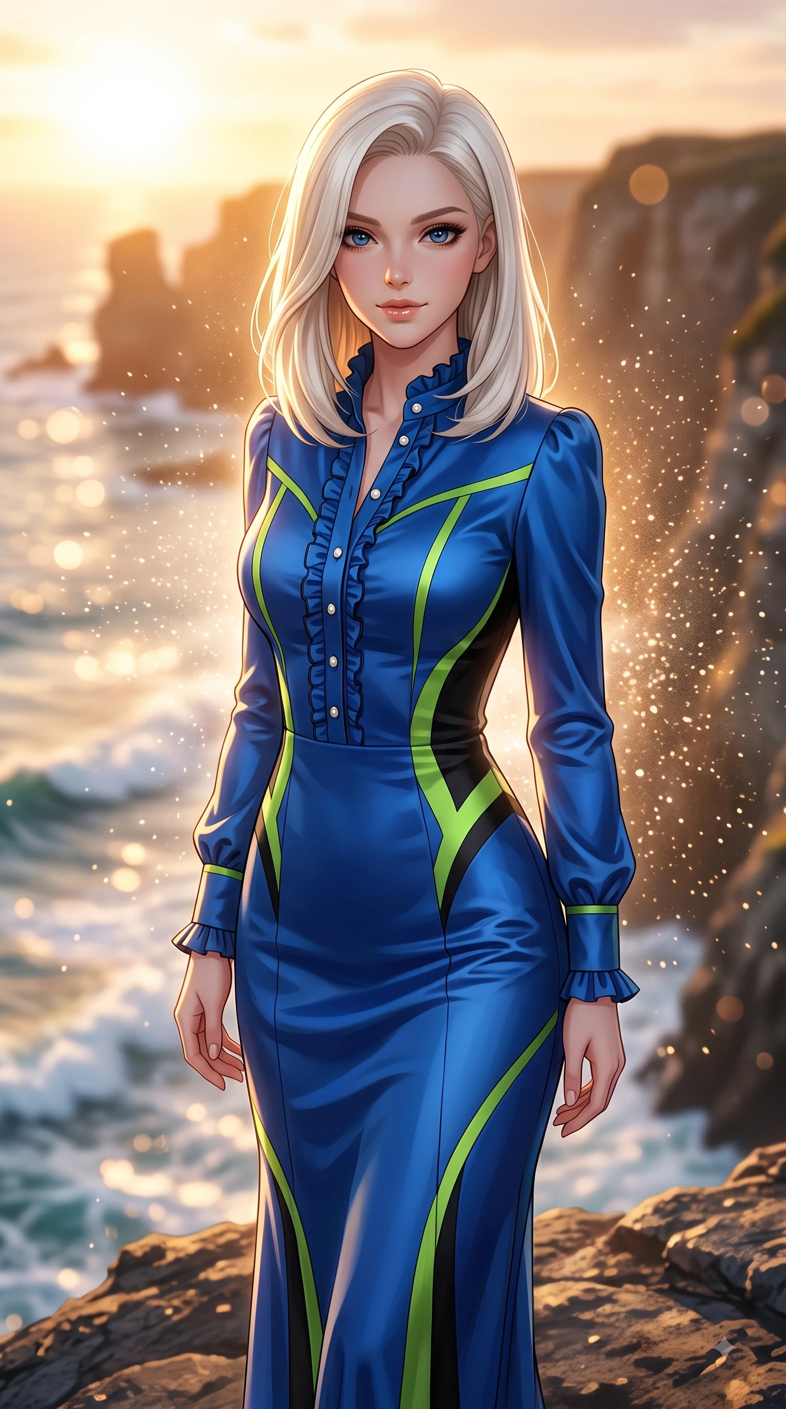 score_9, masterpiece, best quality, ultra-detailed, high-budget anime keyframe, editorial fashion photography, tasteful artistic composition, Caucasian woman. close-up cowboy shot from the waist and thighs up, the character dominates the composition, filling the frame with her large presence. Airy, translucent innocence with a soft subtle smile and a clear, pristine gaze into the lens while standing dramatically on a seaside cliff edge as golden sunset light paints the crashing ocean waves. The composition keeps background elements in soft focus with dreamy bokeh. sea spray mist particles scattering warm sunset light into a soft backdrop. She has an exceptionally elegant, slender, and willowy female figure with an ultra-slim waist, a gracefully sculpted slender torso, and a refined silhouette. sharp v-shaped jawline, high-bridge nose, intricate jewel-like eyes with depth, thick eyelashes, glossy lips with a natural sheen, flawlessly proportioned anatomical accuracy, natural body alignment, perfectly sculpted elegant limbs, clean dynamic posture without body distortion. wearing a vivid sapphire blue satin midi dress following her statuesque figure in bright lime green and sleek jet black, crafted from soft breathable Italian linen, accented with delicate pearl buttons and refined ruffle trims, the sleek second-skin fit accentuating her magnetic presence. bathed in glorious golden hour sunset backlighting and sparkling ocean refractions. highly saturated vibrant anime colors, detailed shading with soft gradients, rich glossy textures, high-contrast stereoscopic depth, volumetric dynamic lighting, master piece, 9:16 ratio