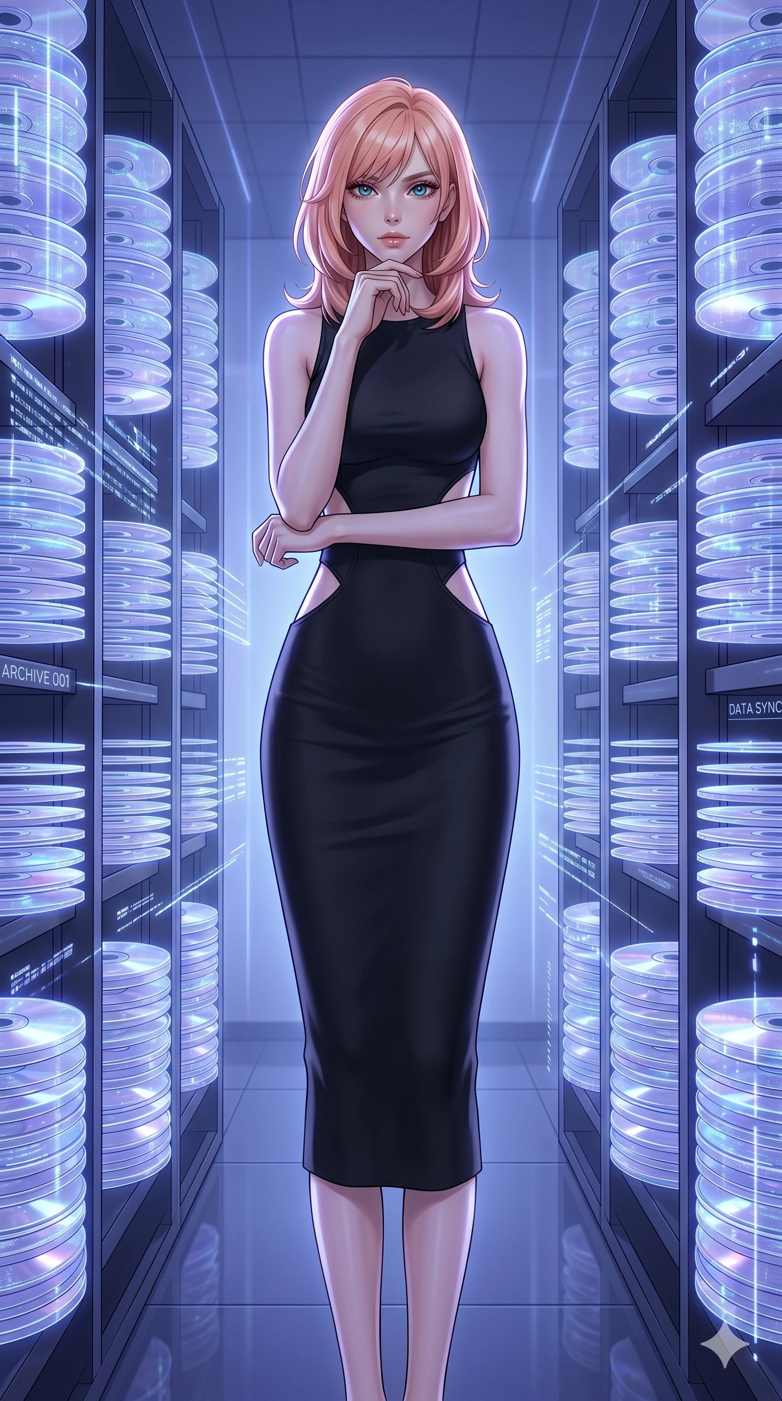 score_9, masterpiece, best quality, ultra-detailed, high-budget anime keyframe, editorial fashion photography, tasteful artistic composition, Japanese woman. cowboy shot from the thighs up, character and outfit filling the frame for maximum editorial presence. Resting her chin on the backs of her fingers in a confident pose inside a digital archive room where holographic data discs float in neat stacks. She has an absolutely perfect 8-heads proportion, an exceptionally tall and slender female figure with impossibly long slender legs and an ultra-slim waist. V-shaped jawline, high-bridge nose, intricate jewel-like eyes with depth, thick eyelashes, glossy lips with a natural sheen. wearing a matte black midi dress in heavy stretch-crepe with strategic diamond-shaped cutouts along the ribs and a high round neckline. bathed in cool ethereal blue-violet bioluminescent glow that highlights her form from all sides. 2k, ultra detail, master piece, 9:16 ratio