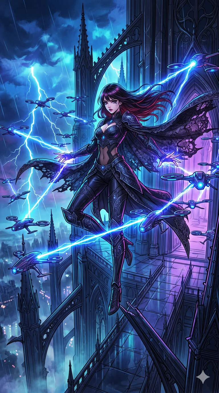 score_9, masterpiece, best quality, ultra-detailed, high-budget anime movie keyframe, cinematic anime lighting, intricate line art, Korean anime girl. Dynamic full-body shot stretching the vertical silhouette across the 9:16 frame. commanding a drone swarm in a gothic obsidian tower with lightning lasers. She has an absolutely perfect 8-heads proportion, an exceptionally tall and slender female figure with an ultra-slim waist and impossibly long slender legs. sharp v-shaped jawline, high-bridge nose, intricate jewel-like eyes, thick eyelashes, glossy lips. Wearing dark fantasy gothic leather armor with ornate obsidian plates, a tattered lace cape, and sheer mesh cut-outs at the midriff, exuding a mysterious allure. The scene is illuminated by dramatic atmospheric lighting and vibrant color palettes. 2k, ultra detail, master piece, 9:16 ratio