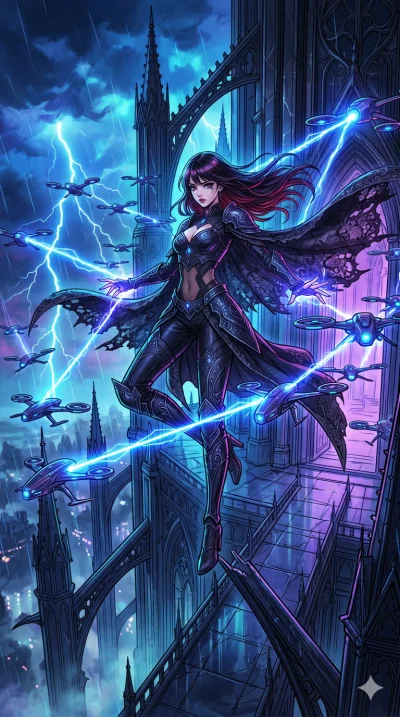 score_9, masterpiece, best quality, ultra-detailed, high-budget anime movie keyframe, cinematic anime lighting, intricate line art, Korean anime girl. Dynamic full-body shot stretching the vertical silhouette across the 9:16 frame. commanding a drone