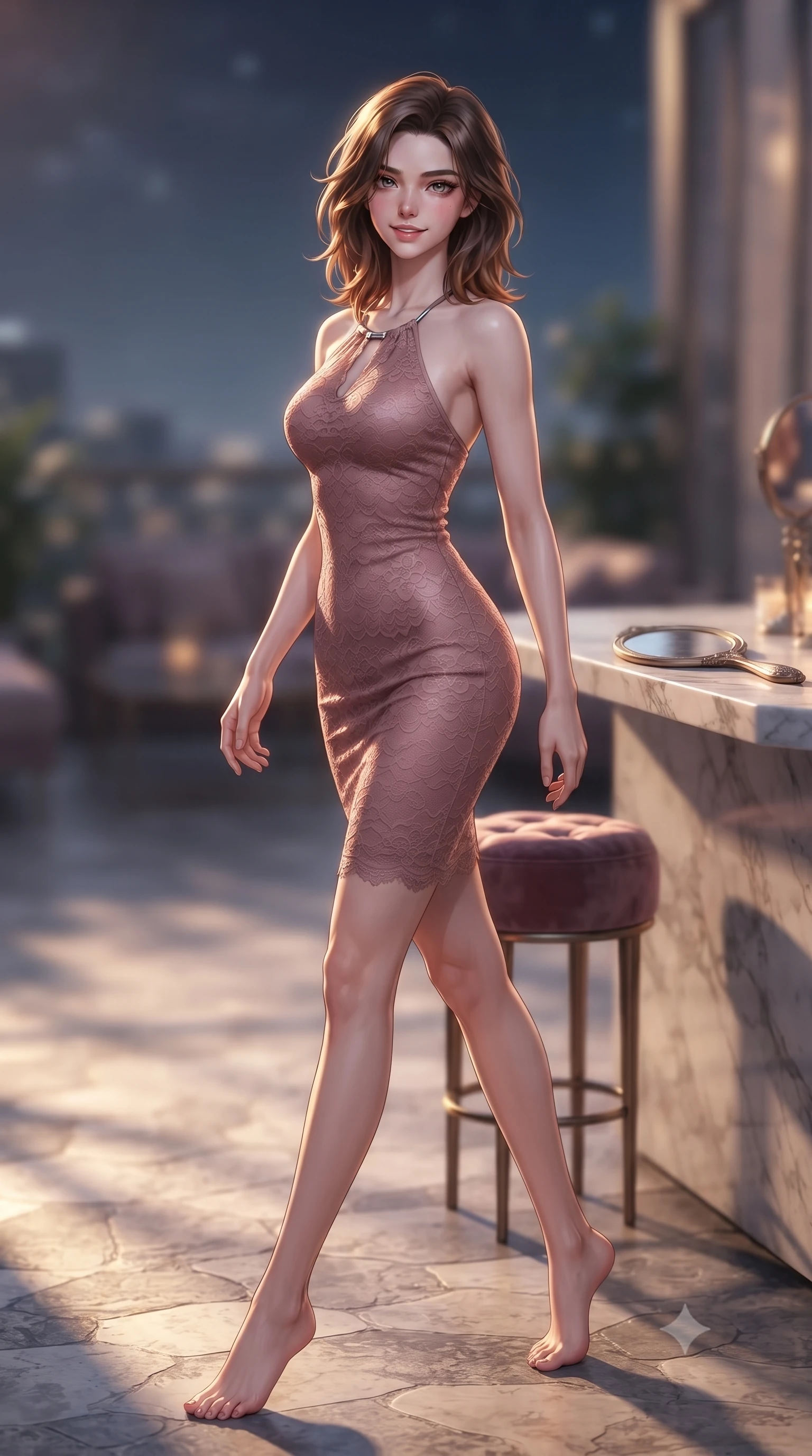 score_9, masterpiece, best quality, ultra-detailed, high-budget anime keyframe, editorial fashion photography, tasteful artistic composition, Korean woman. low angle full-body shot from head to toe showing her feet, filling the entire 9:16 vertical frame with her statuesque presence, stretching her vertical silhouette. strolling slowly through the moonlit veranda, turning her head with a tantalizing smile and a lingering gaze set against a soft-focus background of inside an exclusive rooftop terrace with a velvet-wrapped stool and an antique hand mirror resting on a marble counter. She has an absolutely perfect, statuesque 8.5-heads proportion, an exceptionally tall and slender model-like female figure with impossibly long slender legs and an ultra-slim waist. sharp v-shaped jawline, high-bridge nose, intricate jewel-like eyes with depth, thick eyelashes, glossy lips with a natural sheen. wearing body-hugging dusty rose delicate lace form-contouring cashmere halter dress tracing her statuesque physique accented with delicate silver hardware. bathed in warm golden hour sunbeams that cast long, romantic shadows across the floor. highly saturated vibrant anime colors, detailed shading with soft gradients, rich glossy textures, high-contrast stereoscopic depth, volumetric dynamic lighting, master piece, 9:16 ratio