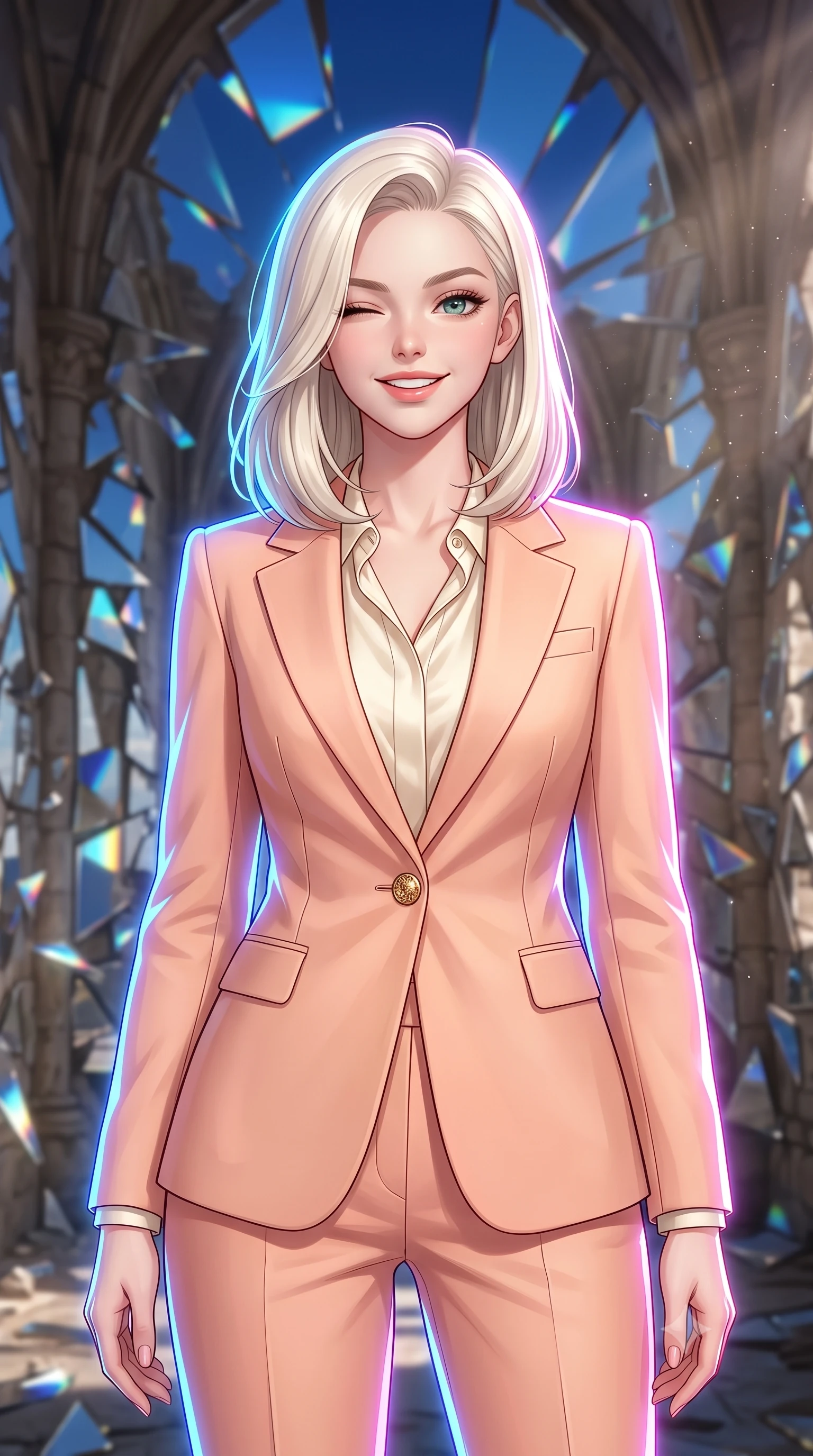 score_9, masterpiece, best quality, ultra-detailed, high-budget anime keyframe, editorial fashion photography, tasteful artistic composition, Caucasian woman, strictly human ears. close-up cowboy shot from the waist and thighs up, the character dominates the composition, filling the frame with her large presence, background elements kept in soft focus. Winking playfully with a cheerful grin and a lighthearted expression. set against a soft-focus background of standing inside an ancient Gothic ruin where the walls are made of shattered mirror shards, reflecting fragmented pieces of a deep blue sky. She has an exceptionally elegant, slender, and willowy female figure with a highly-defined ultra-slim waist, a gracefully sculpted slender torso, and a refined slim-fit silhouette that contours her form. sharp v-shaped jawline, high-bridge nose, intricate jewel-like eyes with depth, thick eyelashes, glossy lips with a natural sheen. wearing a tailored pastel peach pantsuit with a single button, worn over a cream silk blouse. brilliant cinematic volumetric lighting with intense neon rim light outlining her form. 2k, ultra detail, master piece, 9:16 ratio