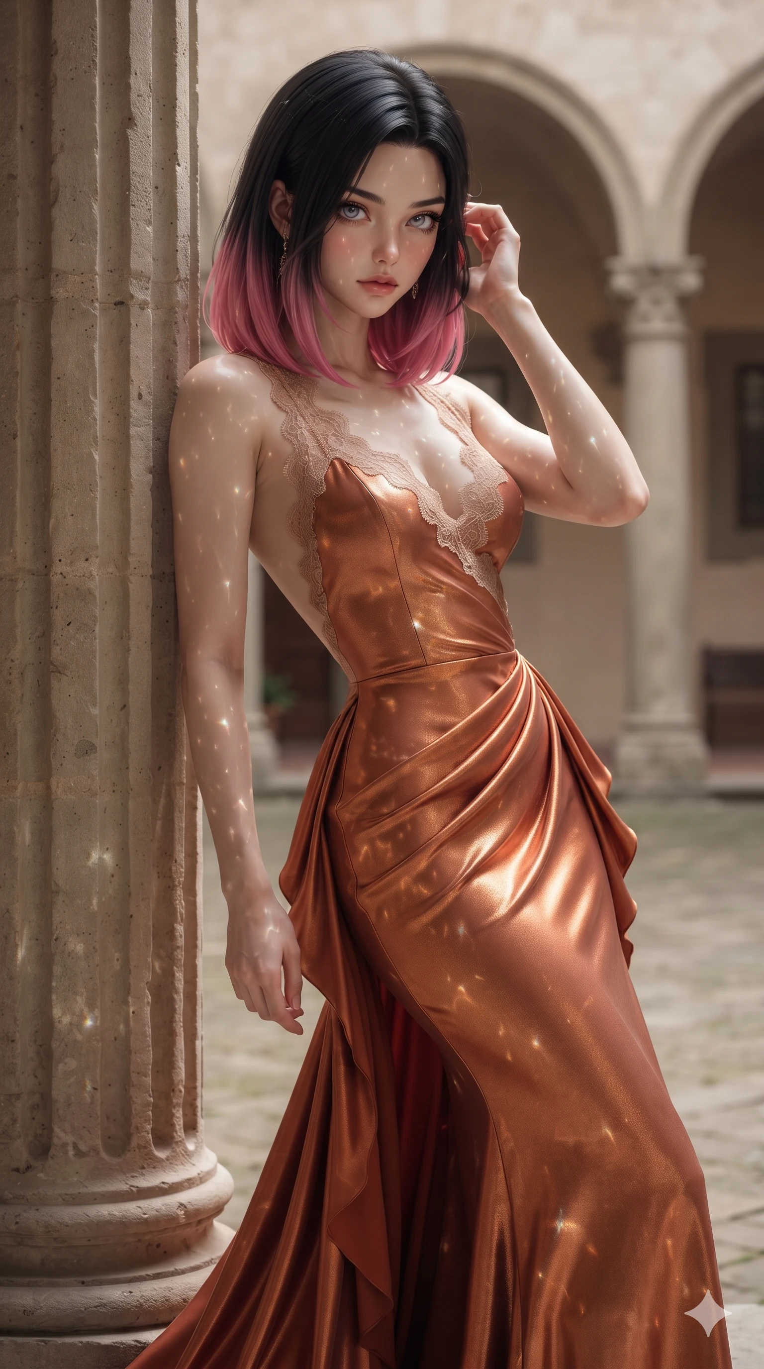 score_9, masterpiece, best quality, ultra-detailed, high-budget anime keyframe, editorial fashion photography, tasteful artistic composition, Korean woman. close-up cowboy shot from the waist and thighs up, the character dominates the composition, filling the frame with her large presence. gently brushing a lock of hair behind her ear while casting a playful, flirtatious side-gaze with long eyelashes while leaning against the fluted limestone column with hips cocked back, gazing through the shaded arcade with smoldering bedroom-eyes. The surrounding environment is rendered in vivid detail and crisp panoramic clarity: detailed garment drape, delicate metallic hardware accents, and historic masonry in razor-sharp precision. She has an exceptionally elegant, slender, and willowy female figure with an ultra-slim waist, flat toned midriff, narrow ribcage, and sculpted feminine hips creating an alluring, slim hourglass silhouette without bulk. sharp v-shaped jawline, high-bridge nose, intricate jewel-like eyes with depth, thick eyelashes, glossy parted lips with a natural sheen, intensely captivating and seductive bedroom-eyes expression, flawlessly proportioned anatomical accuracy, strict slender model proportions, natural body alignment, perfectly sculpted long slender limbs, ultra-slim waistline, clean dynamic posture without body distortion. wearing an open-back duchess satin gala gown with dramatic hip-hugging drape and cascading trailing hem in warm Tuscan ochre and terracotta sienna, crafted from luxurious metallic lamé that shifts radiance with every step, finished with scalloped eyelash lace trim framing her sweetheart neckline with intimate elegance, the form-contouring silhouette accentuating her sculpted flat midriff, narrow delicate ribcage, and gracefully curvy hips with intoxicating allure. bathed in soft diffuse courtyard daylight mixed with sparkling water caustic reflections dancing across her skin. ultra-reflective glossy finish, specular highlights, rich textural contrasts, high-contrast stereoscopic depth, volumetric dynamic lighting, 2k, ultra detail, master piece, 9:16 ratio
