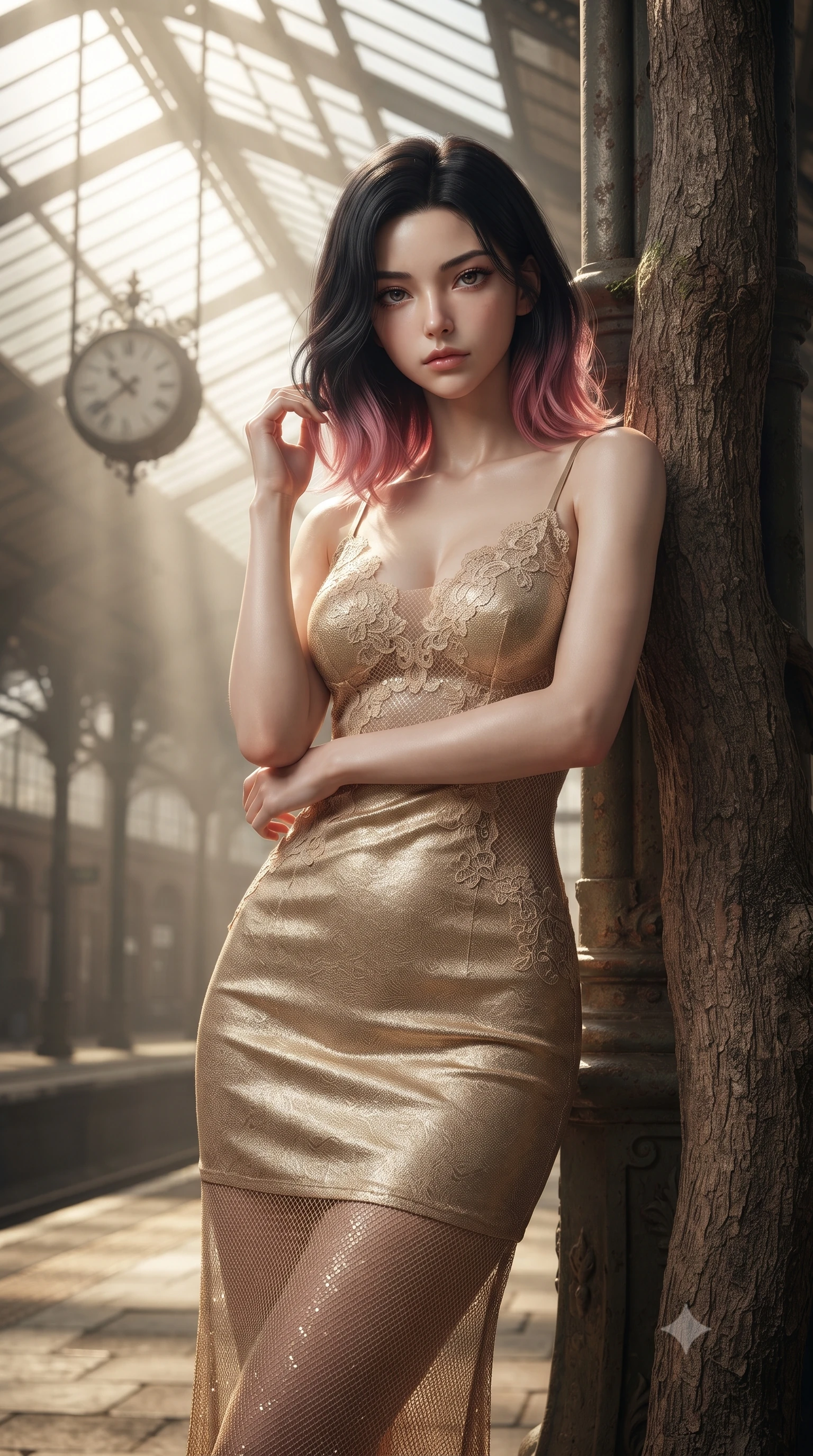 score_9, masterpiece, best quality, ultra-detailed, high-budget anime keyframe, editorial fashion photography, tasteful artistic composition, Korean woman woman. close-up cowboy shot from the waist and thighs up, the character dominates the composition, filling the frame with her large presence, background elements kept in soft focus. standing relaxed against a tree trunk, sharing a quiet, serene moment with the viewer the background shows a soft-focus a historic train station platform built of iron and glass, with a classic clock hanging. She has an exceptionally elegant, slender, and willowy female figure with an ultra-slim waist, a gracefully sculpted slender torso, and a refined silhouette. sharp v-shaped jawline, high-bridge nose, intricate jewel-like eyes with depth, thick eyelashes, glossy lips with a natural sheen. wearing a slim-fit delicate lace-accented slip dress in champagne gold, featuring a semi-transparent mesh underlay. morning sunrays cutting through the glass roof, creating volumetric light shafts. ultra-reflective glossy finish, specular highlights, metallic sheen, high-contrast stereoscopic depth, volumetric dynamic lighting, 2k, ultra detail, master piece, 9:16 ratio