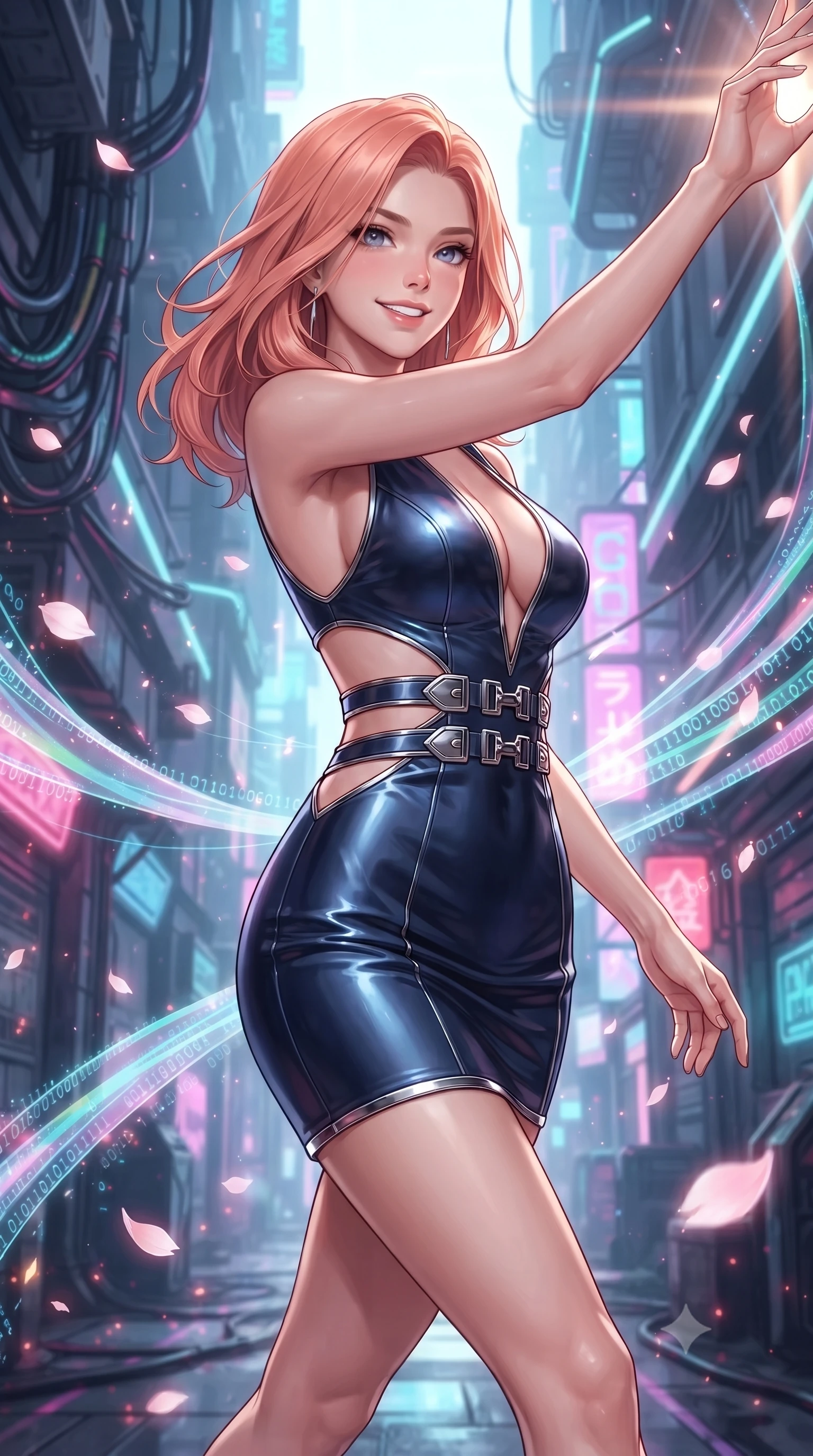 score_9, masterpiece, best quality, ultra-detailed, high-budget anime keyframe, editorial fashion photography, tasteful artistic composition, Japanese woman. close-up cowboy shot from the waist and thighs up, the character dominates the composition, filling the frame with her large presence, background elements kept in soft focus. Extending one arm in an elegant stretch toward the light while smiling with magnetic self-assurance while forging forward through a cybernetic alleyway as holographic wind swirls around her, digital sakura petals flickering into binary code sparks as they float by. She has an exceptionally elegant, slender, and willowy female figure with an ultra-slim waist, a gracefully sculpted slender torso, and a refined silhouette. sharp v-shaped jawline, high-bridge nose, intricate jewel-like eyes with depth, thick eyelashes, glossy lips with a natural sheen, flawlessly proportioned anatomical accuracy, natural body alignment, perfectly sculpted elegant limbs, clean dynamic posture without body distortion. wearing a liquid mercury gloss mini dress with ultra-deep V-neck and waist cutouts in midnight navy blue and chrome trim, crafted from smooth liquid silk, detailed with polished silver buckles along the waistline, the form-contouring material highlighting her ultra-slim waist and long lines. surrounded by a high-energy futuristic cityscape atmosphere. ultra-reflective glossy finish, specular highlights, metallic sheen, high-contrast stereoscopic depth, volumetric dynamic lighting, 2k, ultra detail, master piece, 9:16 ratio