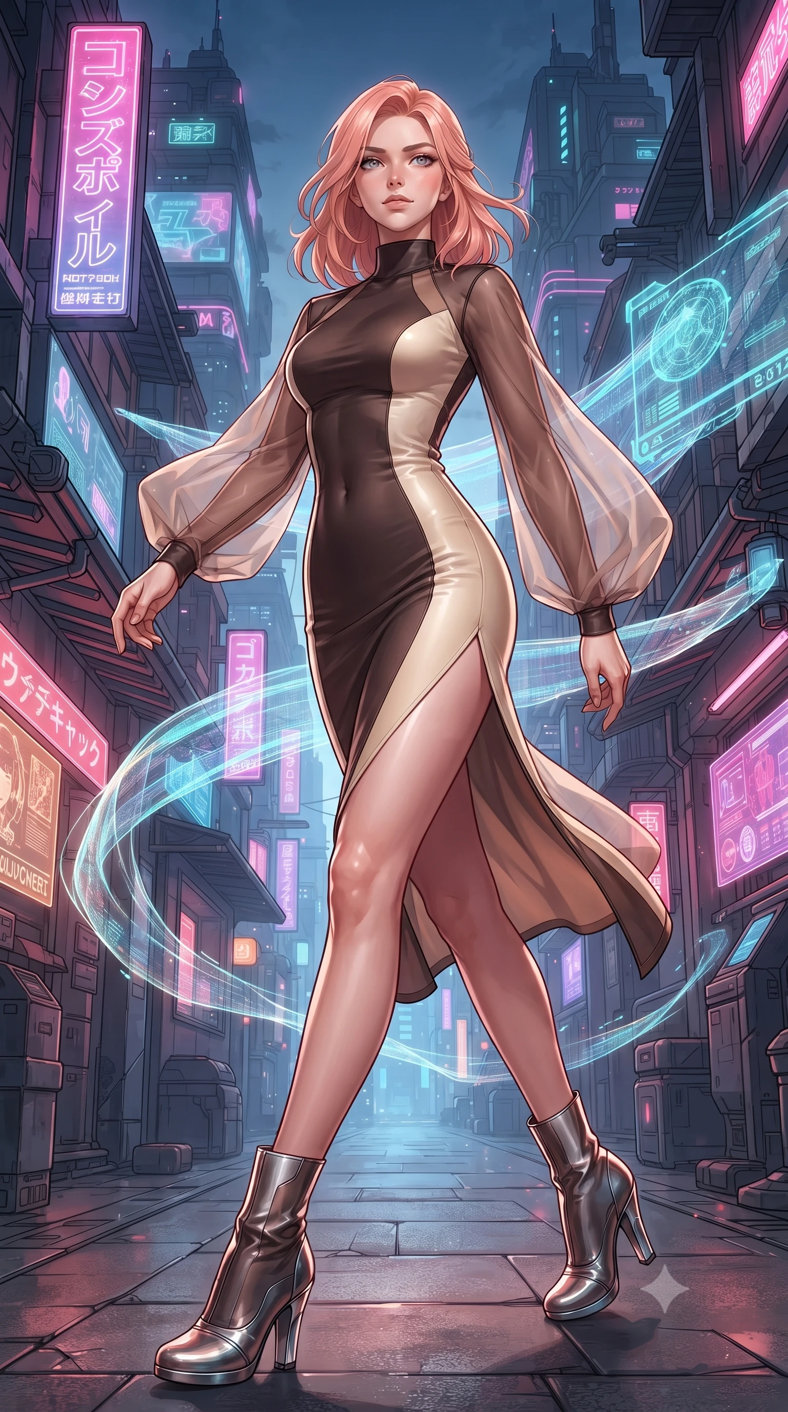 score_9, masterpiece, best quality, ultra-detailed, high-budget anime keyframe, editorial fashion photography, tasteful artistic composition, Japanese woman. low angle full-body shot from head to toe showing her feet, filling the entire 9:16 vertical frame with her statuesque presence, stretching her vertical silhouette. stepping forward in a proud dynamic stride, her vertical silhouette filling the frame with statuesque presence while forging forward through a cybernetic alleyway as holographic wind swirls around her, fluttering lightweight attire catching the high-altitude urban wind. She has an absolutely perfect, statuesque 8.5-heads proportion, an exceptionally tall and slender model-like female figure with impossibly long slender legs and an ultra-slim waist. sharp v-shaped jawline, high-bridge nose, intricate jewel-like eyes with depth, thick eyelashes, glossy lips with a natural sheen, flawlessly proportioned anatomical accuracy, natural body alignment, perfectly sculpted elegant limbs, clean dynamic posture without body distortion. wearing a sleek bodycon knit dress with strategic sheer organza sleeve panels in espresso brown and warm cream, formed from sleek second-skin neoprene, finished with a sleek side slit ascending to mid-thigh, the form-contouring material highlighting her ultra-slim waist and long lines. surrounded by a high-energy futuristic cityscape atmosphere. ultra-reflective glossy finish, specular highlights, metallic sheen, high-contrast stereoscopic depth, volumetric dynamic lighting, 2k, ultra detail, master piece, 9:16 ratio