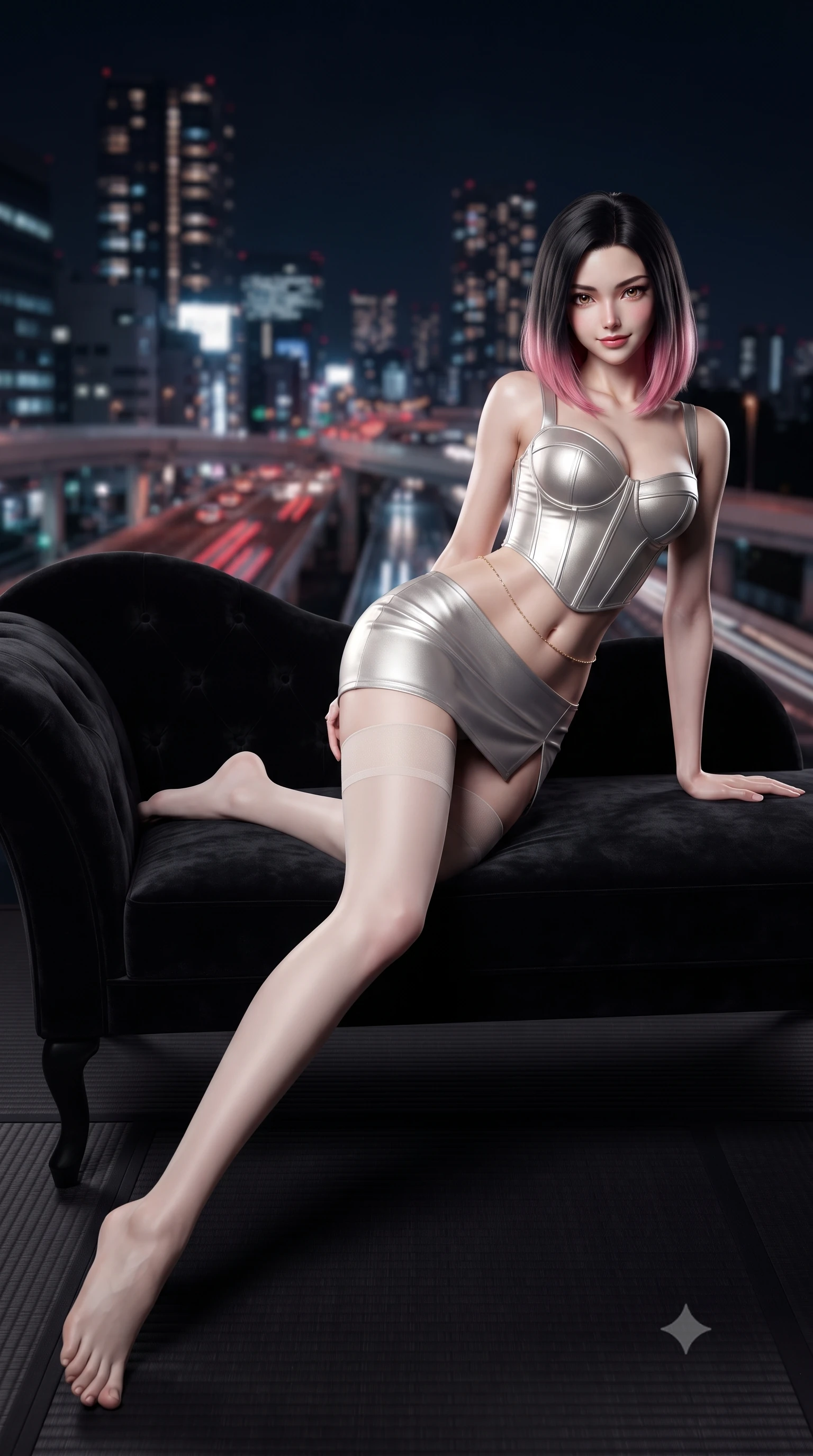 score_9, masterpiece, best quality, ultra-detailed, high-budget anime keyframe, editorial fashion photography, tasteful artistic composition, Korean woman. low angle full-body shot from head to toe showing her feet, filling the entire 9:16 vertical frame with her statuesque presence, stretching her vertical silhouette. reclining gracefully across the plush chaise lounge with one leg extended, her sculpted silhouette and flat midriff radiating magnetic nocturnal glamour while kneeling gracefully on the matte black washi tatami with hips angled back, arching her spine with seductive traditional-modern allure. The background shows a soft-focus glittering sea of Tokyo night skyscrapers, moving red vehicle light trails on expressway overpasses, and dark night sky blurred into ruby, obsidian, and platinum bokeh. She has an absolutely perfect, statuesque 8.5-heads proportion, an exceptionally tall and slender model-like female figure with impossibly long slender legs, an ultra-slim waist, a flat toned midriff, narrow delicate ribcage, and beautifully sculpted feminine hips creating a graceful, slim hourglass silhouette without any bulky heaviness. sharp v-shaped jawline, high-bridge nose, sparkling eyes with hypnotic seductive depth, thick curled eyelashes, glossy parted lips with a natural dewy peach sheen, alluring bedroom-eyes with an enchanting coquettish smile, exuding magnetic siren charisma and sophisticated glamour, flawlessly proportioned anatomical accuracy, strict slender model proportions, natural body alignment, perfectly sculpted long slender limbs, ultra-slim waistline, clean dynamic posture without body distortion. wearing a structured boned leatherette corset bodice paired with an ultra-short micro-wrap mini skirt and sheer thigh-high stockings in pure pearl alabaster with platinum sheen, woven from buttery-soft stretch lambskin leather adhering to her body like a second skin, accented with a dainty gold belly chain resting across her flat midriff and curving hips, the high-slit wrap tailoring accentuating her ultra-slim waistline and the enchanting curve of her feminine hips with alluring seductive charm. illuminated by black lacquer reflection bounce and sharp platinum-gold rim lights sculpting her jawline, narrow waist, and curvy hips. ultra-reflective glossy finish, specular highlights, rich textural contrasts, high-contrast stereoscopic depth, volumetric dynamic lighting, 2k, ultra detail, master piece, 9:16 ratio