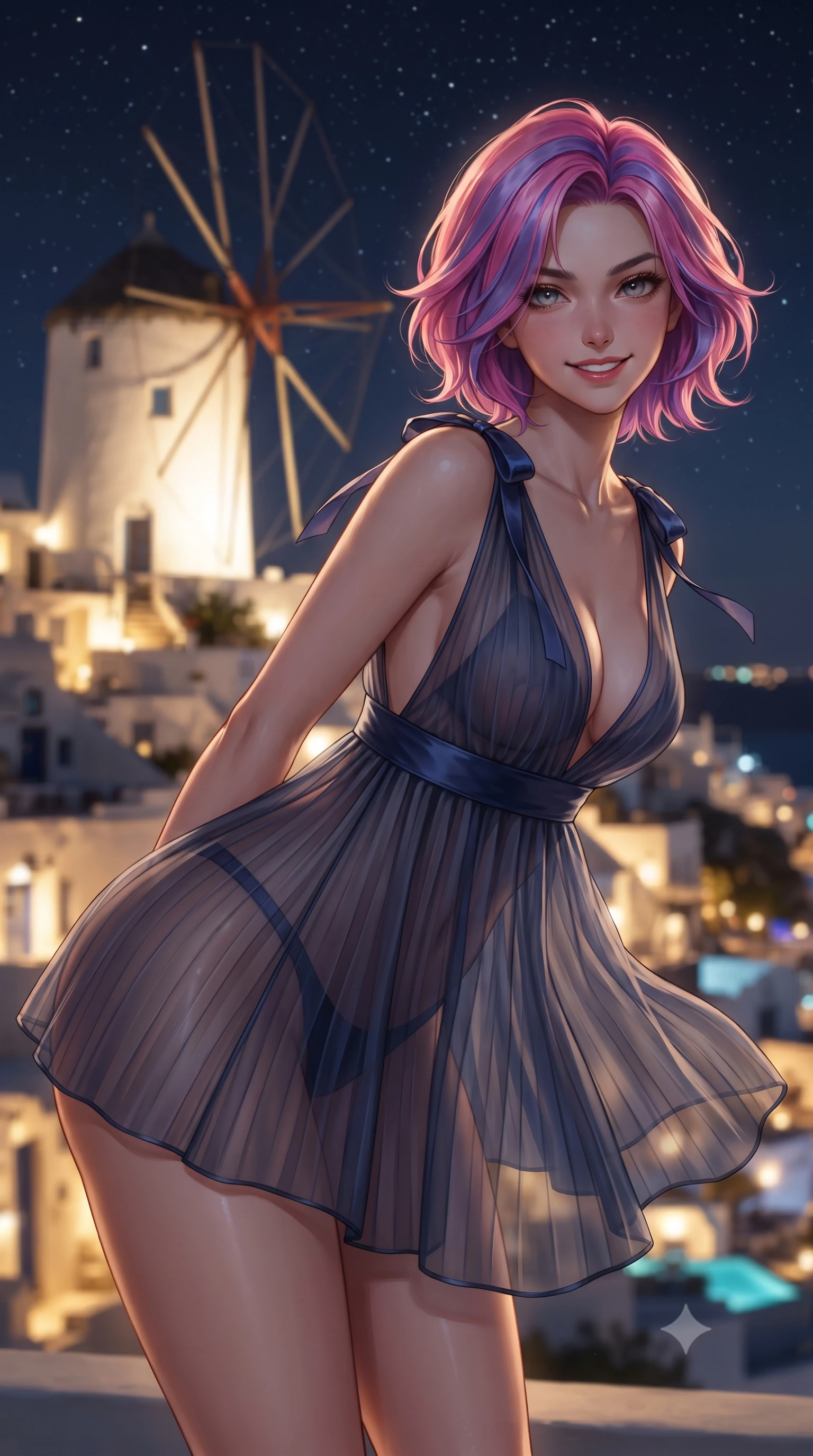 score_9, masterpiece, best quality, ultra-detailed, high-budget anime keyframe, editorial fashion photography, tasteful artistic composition, Caucasian woman. close-up cowboy shot from the waist and thighs up, the character dominates the composition, filling the frame with her large presence. leaning forward while arching her lower back to accentuate her curvy hips, looking into the camera with an intoxicating smoldering gaze and bedroom-eyes while twisting her slender torso in an alluring contrapposto stance, midnight Aegean breezes fluttering her sheer gown around her long slender legs. The background shows a soft-focus iconic whitewashed windmill sails against the starry sky, cascading village of Oia illuminated like a field of fallen stars, and moonlit caldera blurred into champagne, cyan, and obsidian bokeh. She has an exceptionally elegant, slender, and willowy female figure with an ultra-slim waist, flat toned midriff, narrow ribcage, and sculpted feminine hips creating an alluring, slim hourglass silhouette without bulk. sharp v-shaped jawline, high-bridge nose, intricate jewel-like sparkling eyes with depth, thick eyelashes, glossy parted lips with a natural peach sheen, bright cheerful beaming smile with an enchanting and coquettish sensual glint, exuding both youthful cute charm and seductive allure, flawlessly proportioned anatomical accuracy, strict slender model proportions, natural body alignment, perfectly sculpted long slender limbs, ultra-slim waistline, clean dynamic posture without body distortion. wearing a sheer pleated silk organza babydoll dress with plunging sweetheart neckline and satin waist ribbon in moonlit Grand Canal sapphire navy and liquid platinum, crafted from fluid liquid silk satin that clings smoothly to her narrow waist and rounded hips with a dewy sheen, finished with satin ribbon ties at the shoulders fluttering in the gentle breeze, the form-contouring silhouette accentuating her sculpted flat midriff, narrow delicate ribcage, and gracefully curvy hips with intoxicating allure. bathed in the magical warm golden 2700K ambient illumination of the village lights below mixed with Aegean moonlight. ultra-reflective glossy finish, specular highlights, rich textural contrasts, high-contrast stereoscopic depth, volumetric dynamic lighting, 2k, ultra detail, master piece, 9:16 ratio