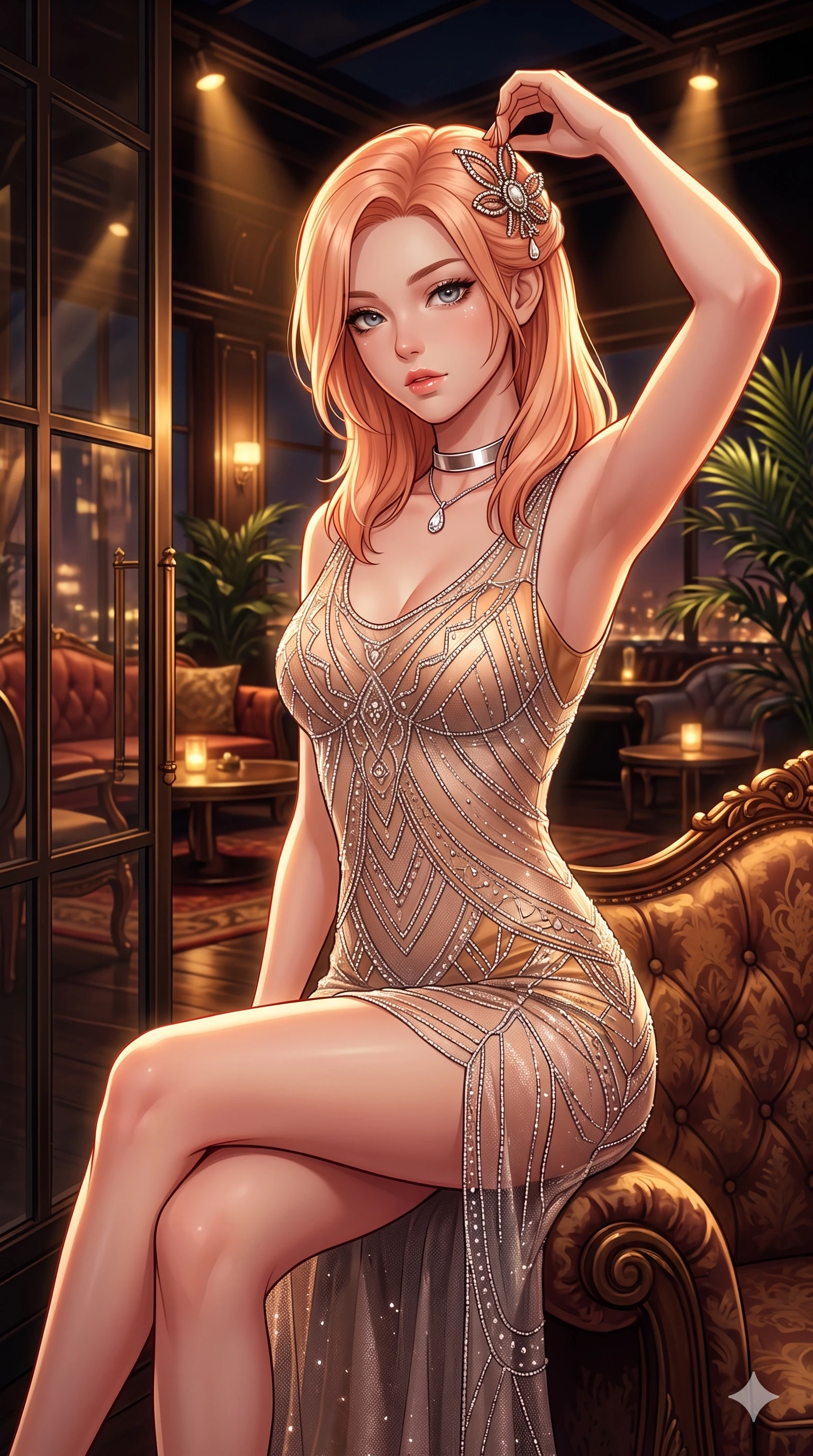 score_9, masterpiece, best quality, ultra-detailed, high-budget anime keyframe, semi-realistic 3D game render, editorial fashion photography, tasteful artistic composition, Japanese woman. close-up cowboy shot from the waist and thighs up, the character dominates the composition, filling the frame with her large presence. perched sideways on the vintage settee, one knee drawn up to showcase her slender leg line while her arched back accentuates her feminine hip curve while standing poised at the solarium entrance, arching her lower back with sovereign supermodel grace while adjusting her jeweled hair clasp. The surrounding environment is rendered in vivid detail and crisp panoramic clarity: detailed peplum corset dress tailoring, jeweled clasp closures, and luxury VIP club interior in razor-sharp clarity. She has an exceptionally elegant, slender, and willowy female figure with an ultra-slim waist, flat toned midriff, narrow ribcage, and sculpted feminine hips creating an alluring, slim hourglass silhouette without bulk. sharp v-shaped jawline, high-bridge nose, intricate jewel-like sparkling eyes with depth, thick eyelashes, glossy parted lips with a natural sheen, intensely captivating and seductive bedroom-eyes expression, exuding both youthful cute charm and sovereign luxury allure, flawlessly proportioned anatomical accuracy, strict slender model proportions, natural body alignment, perfectly sculpted long slender limbs, ultra-slim waistline, clean dynamic posture without body distortion. wearing a sheer vintage mesh flapper dress adorned with intricate geometric beadwork over an opaque silk micro-slip in cosmic eclipse amber and starlight diamond, crafted from stretch micro-mesh with liquid foil coating that shimmers with every movement, finished with a minimalist chrome choker and a single teardrop diamond pendant, the bespoke structured tailoring following the natural line of her 8.5-heads silhouette with refined elegance. bathed in low-key, high-contrast chiaroscuro lighting with narrow amber and gold spotlights on the table. highly saturated vibrant anime colors, detailed shading with soft gradients, rich glossy textures, high-contrast stereoscopic depth, volumetric dynamic lighting, master piece, 9:16 ratio