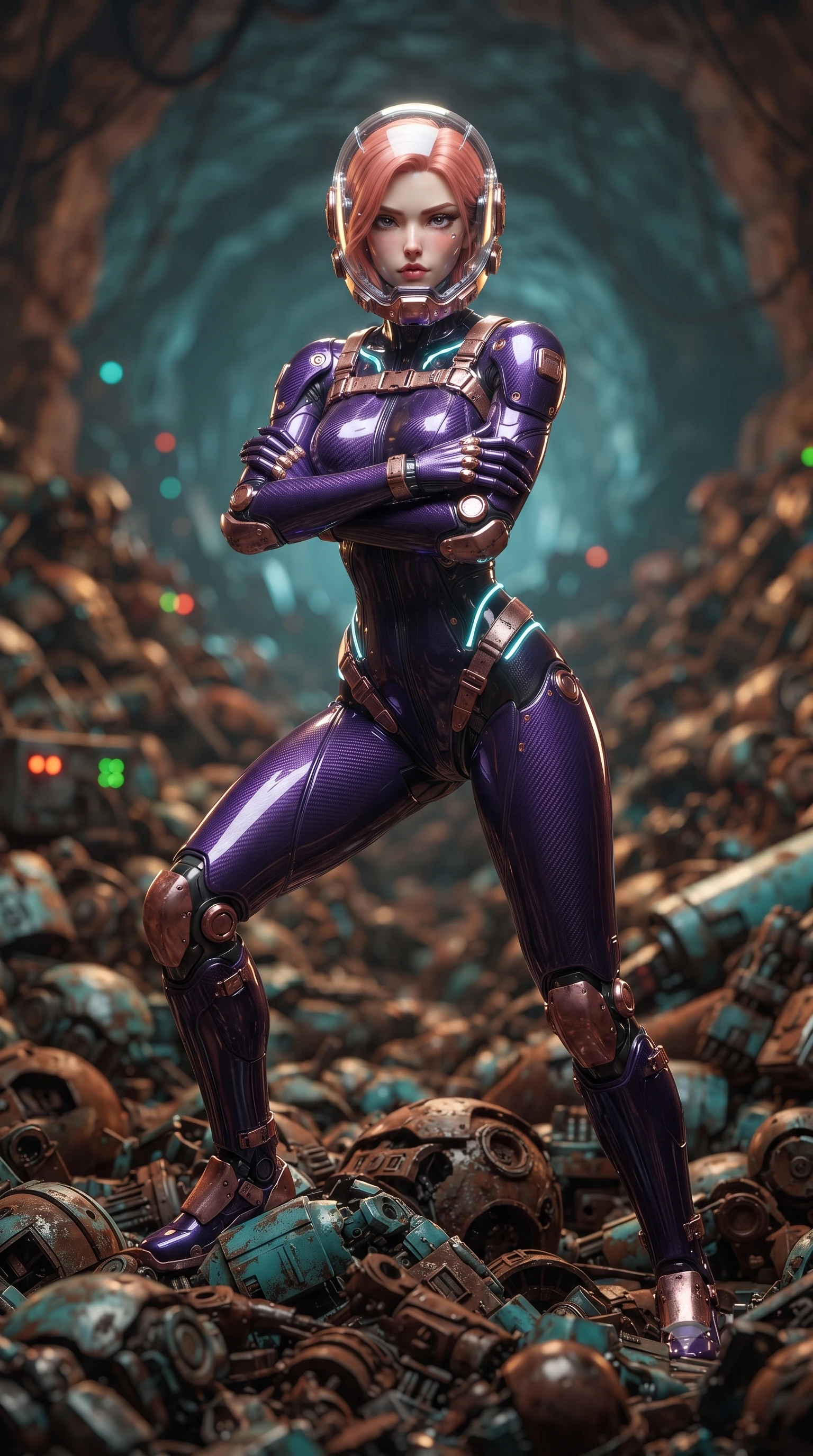 score_9, masterpiece, best quality, ultra-detailed, high-budget anime keyframe, editorial fashion photography, tasteful artistic composition, Japanese woman. close-up cowboy shot from the waist and thighs up, the character dominates the composition, filling the frame with her large presence. shifting into a low cat-stance with arms crossed defensively, glowing energy conduits tracing her ultra-slim waist and sculpted clavicle while standing poised atop a mountain of discarded cybernetic android chassis in a vast subterranean industrial cavern. The composition keeps background elements in soft focus with creamy bokeh. mountains of rusted android parts and blinking indicator lights blurred into rich amber, turquoise, and rust bokeh. She has an exceptionally elegant, slender, and willowy female figure with an ultra-slim waist, a gracefully sculpted slender torso, toned flat midriff, and a refined slim silhouette. sharp v-shaped jawline, high-bridge nose, intricate jewel-like eyes with depth, thick eyelashes, glossy lips with a natural sheen, fierce and resolute heroine expression, flawlessly proportioned anatomical accuracy, strict slender model proportions, natural body alignment, perfectly sculpted long slender limbs, ultra-slim waistline, clean dynamic posture without body distortion. wearing a crystal-clear transparent armored riot-visor helmet showing her entire beautiful face and determined expression with pristine clarity, paired with an ultra-sleek high-gloss carbon-composite exoskeleton suit featuring kinetic shock-absorbing shin guards and flexible limb articulation joints in royal purple carbon fiber with distressed rose-gold hardware and buckles, made of lightweight aerodynamic carbon-titanium alloy with precision-beveled armor seams, accented with glowing fiber-optic telemetry conduits tracing her collarbones and hip curves, the glove-like aerodynamic second-skin fit tightly clinging to her ultra-slender waist and athletic curves without adding bulk, accentuating her razor-sharp statuesque lines and slim hourglass silhouette. surrounded by a gritty, dangerous, and irresistibly powerful cybernetic queen of the underworld aura. ultra-reflective glossy finish, specular highlights, dark metallic sheen, high-contrast stereoscopic depth, volumetric dynamic lighting, 2k, ultra detail, master piece, 9:16 ratio