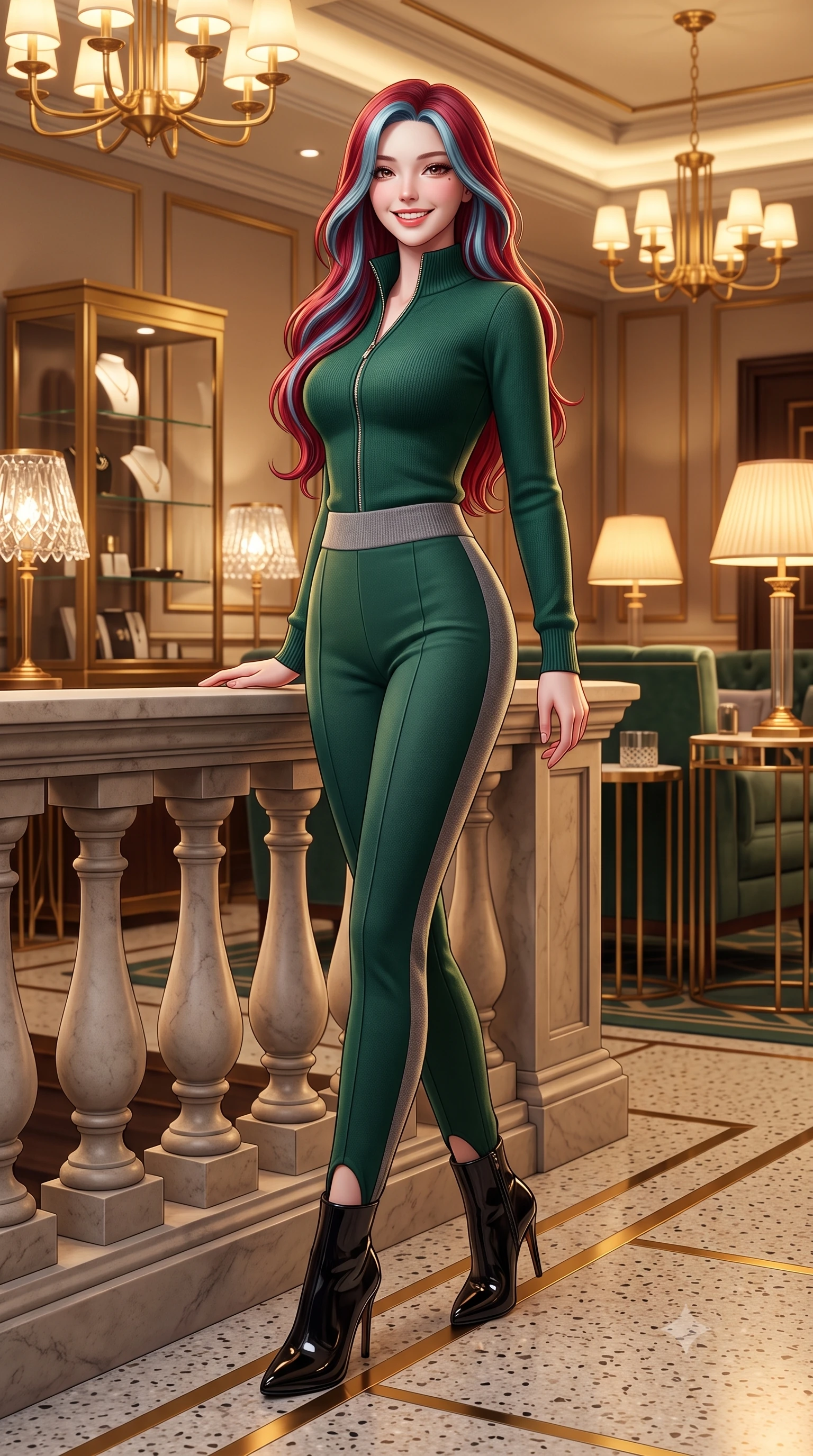 score_9, masterpiece, best quality, ultra-detailed, high-budget anime keyframe, semi-realistic 3D game render, editorial fashion photography, tasteful artistic composition, Caucasian woman. low angle full-body shot from head to toe showing her feet, filling the entire 9:16 vertical frame with her statuesque presence, stretching her vertical silhouette. standing poised beside the classical stone balustrade with one foot slightly forward, arching her lower back with regal supermodel grace while walking through the 1920s-inspired Ginza salon past brass-framed vitrines, turning with magnetic cosmopolitan charm. The surrounding environment is rendered in vivid detail and crisp panoramic clarity: sharp brass geometric inlay strips in terrazzo flooring, cut-crystal lamp shade facets, and velvet upholstery pile in deep focus. She has an exceptionally tall and slender model-like 8.5-heads proportion, an ultra-slim waist, a flat toned midriff, narrow delicate ribcage, and beautifully sculpted feminine hips creating a graceful, slim hourglass silhouette without any bulky heaviness, with impossibly long slender legs. sharp v-shaped jawline, high-bridge nose, intricate jewel-like sparkling eyes with depth, thick eyelashes, glossy parted lips with a natural peach sheen, bright cheerful beaming smile with an enchanting and coquettish sensual glint, exuding both youthful cute charm and seductive allure, flawlessly proportioned anatomical accuracy, strict slender model proportions, natural body alignment, perfectly sculpted long slender limbs, ultra-slim waistline, clean dynamic posture without body distortion. wearing a body-hugging thermal cashmere zip-front ski sweater paired with sleek high-waisted stretch stirrup trousers in St. Moritz pine forest emerald and heather grey, made of ultra-fine Mongolian cashmere with sleek glove-like elasticity contouring her silhouette, complemented by sleek patent leather stiletto ankle boots accentuating her long slender calves, the liquid-tight tailored fabric clinging flawlessly to her narrow waist and rounded feminine hips, emphasizing every millimeter of her sculpted slim hourglass curves without any bulky heaviness. bathed in warm 2900K incandescent amber illumination from authentic Art Deco brass chandeliers and table lamps. highly saturated vibrant anime colors, detailed shading with soft gradients, rich glossy textures, high-contrast stereoscopic depth, volumetric dynamic lighting, master piece, 9:16 ratio