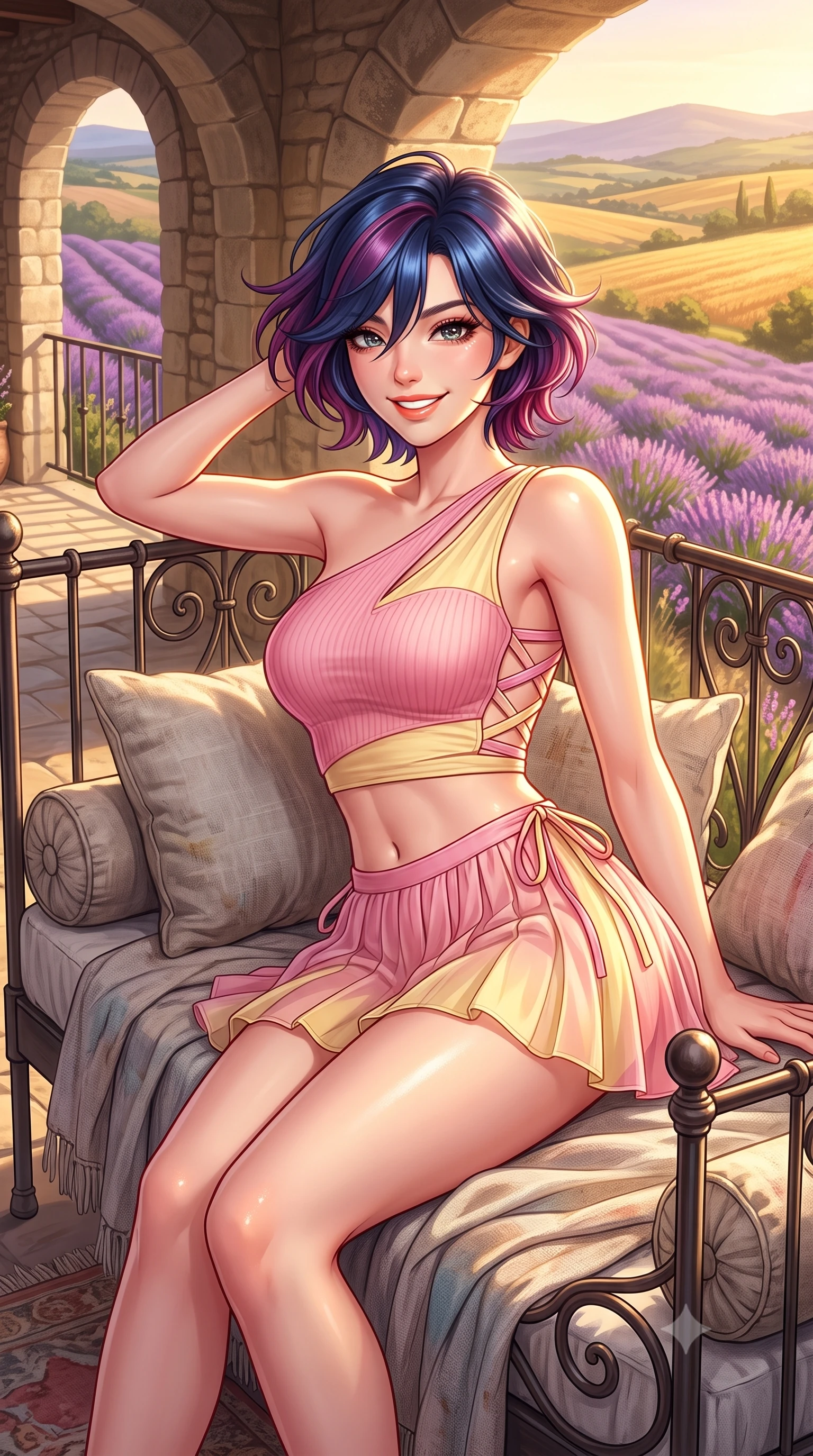 score_9, masterpiece, best quality, ultra-detailed, high-budget anime keyframe, semi-realistic 3D game render, editorial fashion photography, tasteful artistic composition, Korean woman. close-up cowboy shot from the waist and thighs up, the character dominates the composition, filling the frame with her large presence. turning playfully with a bright confident smile, her glossy hair tossing in the breeze as her hips angle gracefully in a captivating contrapposto while reclining on a vintage iron daybed propped on one elbow, her flat midriff and willowy curves bathed in golden French countryside light. The surrounding environment is rendered in vivid detail and crisp panoramic clarity. detailed linen sundress weave, warm sun specular highlights on skin, and Provence valley clarity in high resolution. She has an exceptionally elegant, slender, and willowy female figure with an ultra-slim waist, flat toned midriff, narrow ribcage, and sculpted feminine hips creating an alluring, slim hourglass silhouette without bulk. sharp v-shaped jawline, high-bridge nose, intricate jewel-like sparkling eyes with depth, thick eyelashes, glossy parted lips with a natural peach sheen, bright cheerful beaming smile with an enchanting and coquettish sensual glint, exuding both youthful cute charm and seductive allure, flawlessly proportioned anatomical accuracy, strict slender model proportions, natural body alignment, perfectly sculpted long slender limbs, ultra-slim waistline, clean dynamic posture without body distortion. wearing an asymmetrical one-shoulder ribbed top paired with a micro-pleated skirt with side hip ties in sweet strawberry milk pink and butter yellow, woven from layered gossamer organza with weightless flutter, finished with criss-cross back satin straps highlighting her graceful shoulder blades, the form-contouring cut accentuating her sculpted flat midriff, narrow delicate ribcage, and gracefully curvy hips with supermodel precision. bathed in brilliant golden hour southern French sunlight streaming across the purple hillside. highly saturated vibrant anime colors, detailed shading with soft gradients, rich glossy textures, high-contrast stereoscopic depth, volumetric dynamic lighting, master piece, 9:16 ratio