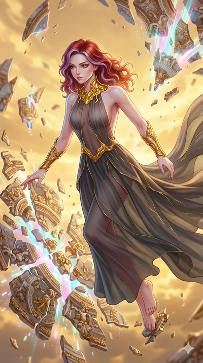 score_9, masterpiece, best quality, ultra-detailed, high-budget anime keyframe, Caucasian woman, strictly human ears. upper body close-up from the thighs up, character filling the screen for maximum presence. propelling herself off digital baroque ce