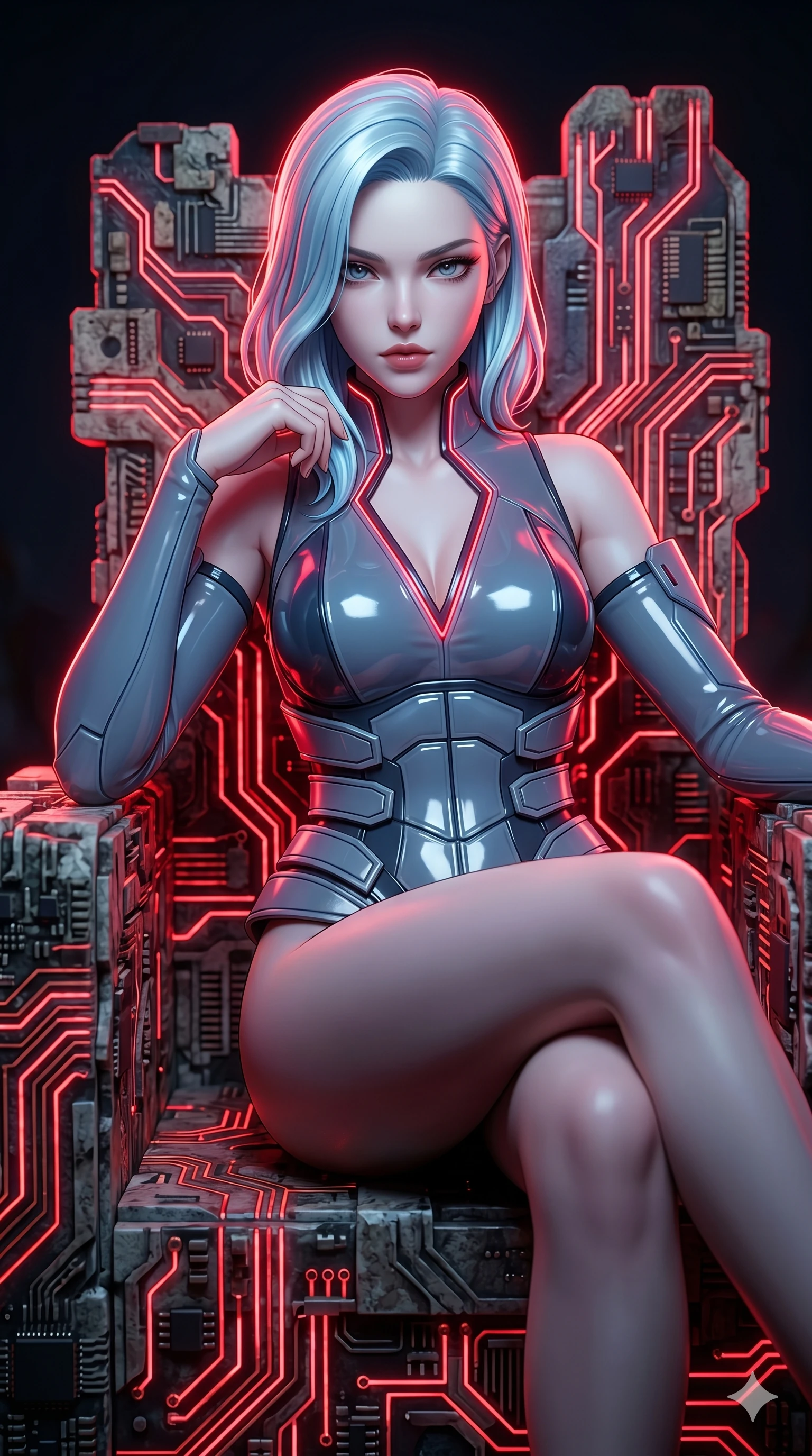 score_9, masterpiece, best quality, ultra-detailed, high-budget anime keyframe, semi-realistic 3D game render, Korean woman. Upper body close-up from the thighs up, character filling the screen for maximum presence. She is seated dynamically on a throne of calcified logic boards and glowing red circuits. She leans forward with a dangerous, enticing smolder, resting one elbow on her knee. She has an absolutely perfect 8-heads proportion, a tall and elegant figure with a refined silhouette and a defined waistline. V-shaped jawline, high-bridge nose, intricate jewel-like eyes with depth, thick eyelashes, glossy lips with a natural sheen. She is wearing a structured cybernetic bodice in glossy vinyl panels, paired with detached sleeves and a refined V-neckline detailed with glowing piping. The scene is bathed in bright white studio flash light and sharp crimson rim lighting outlining her silhouette. 2k, ultra detail, master piece, 9:16 ratio
