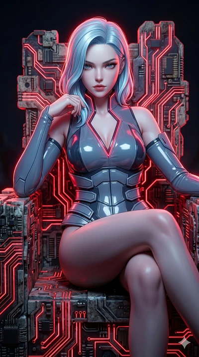 score_9, masterpiece, best quality, ultra-detailed, high-budget anime keyframe, semi-realistic 3D game render, Korean woman. Upper body close-up from the thighs up, character filling the screen for maximum presence. She is seated dynamically on a thr